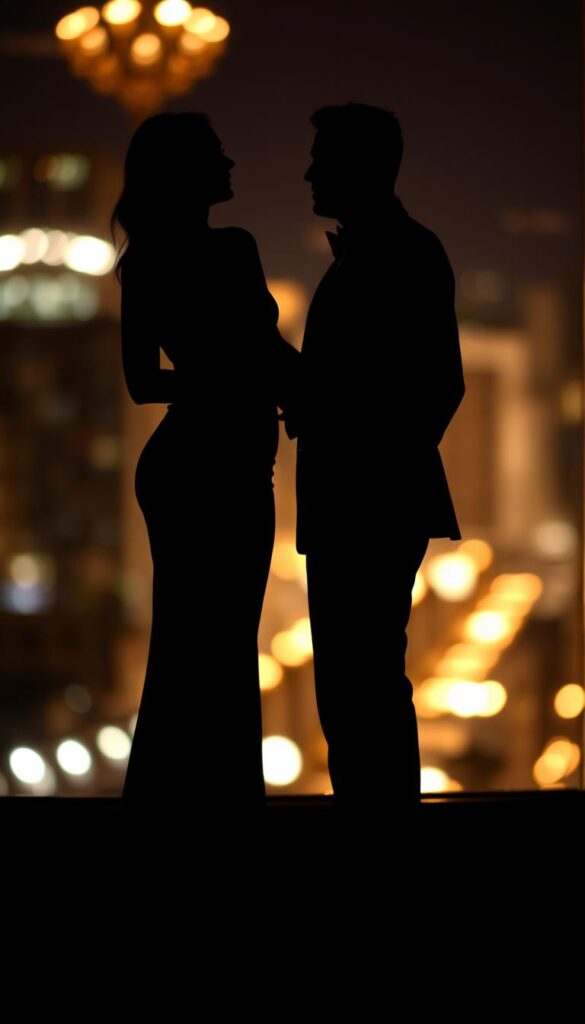 A sophisticated evening ensemble in a dimly lit, romantic setting. Silhouettes of two elegantly dressed figures - a sleek, floor-length gown with a high slit and an impeccably tailored tuxedo - pose gracefully against a backdrop of warm lighting and soft, blurred city lights. The scene exudes an air of refined glamour and effortless style, capturing the essence of an elevated date night or formal evening event. A sophisticated evening ensemble in a dimly lit, romantic setting. Silhouettes of two elegantly dressed figures - a sleek, floor-length gown with a high slit and an impeccably tailored tuxedo - pose gracefully against a backdrop of warm lighting and soft, blurred city lights. The scene exudes an air of refined glamour and effortless style, capturing the essence of an elevated date night or formal evening event.