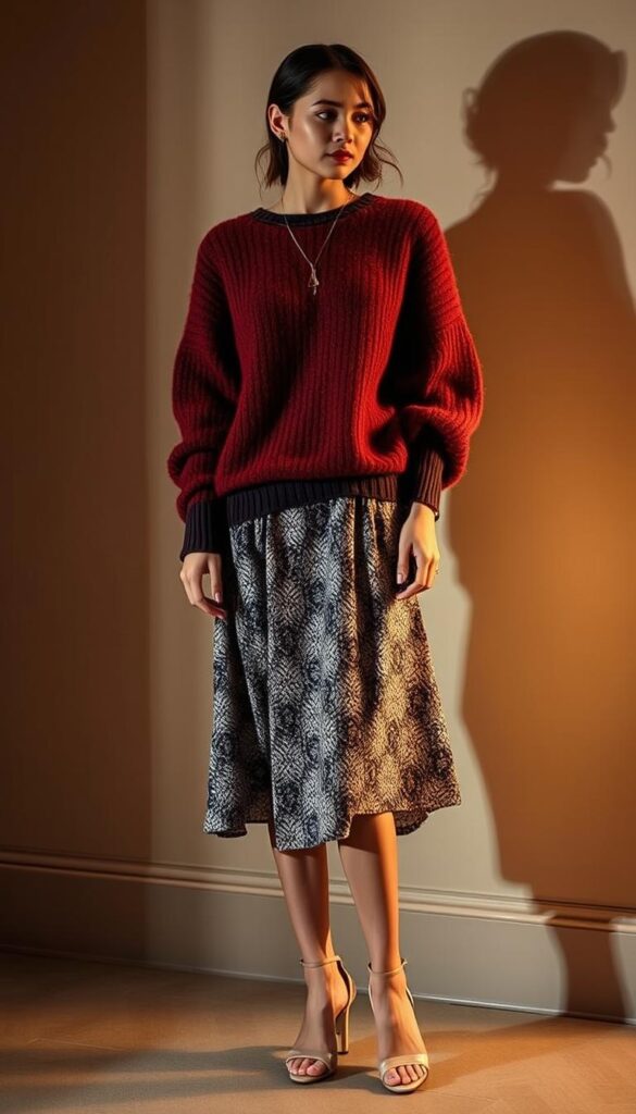 A sophisticated evening look featuring a cozy, oversized sweater in a rich, autumnal hue. The model is styled with a midi-length, flowy skirt in a complementary pattern, accessorized with delicate jewelry and strappy heels. Soft, warm lighting illuminates the scene, creating an intimate, romantic atmosphere. The composition emphasizes the model's silhouette and the interplay of textures and layers, showcasing a stylish date night outfit that exudes effortless elegance. A sophisticated evening look featuring a cozy, oversized sweater in a rich, autumnal hue. The model is styled with a midi-length, flowy skirt in a complementary pattern, accessorized with delicate jewelry and strappy heels. Soft, warm lighting illuminates the scene, creating an intimate, romantic atmosphere. The composition emphasizes the model's silhouette and the interplay of textures and layers, showcasing a stylish date night outfit that exudes effortless elegance.