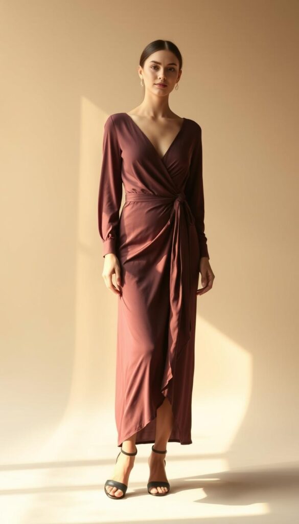 A sophisticated midi wrap dress with a flattering V-neckline and delicate pleated detailing, draped gracefully against a softly lit, minimalist background. The dress is rendered in a muted, elegant color palette, such as a rich burgundy or deep forest green, accentuating its refined, understated charm. The lighting casts a warm, golden glow, creating a sense of effortless sophistication. The camera angle is slightly elevated, capturing the dress in a way that showcases its fluid movement and the model's confident, poised stance. A sophisticated midi wrap dress with a flattering V-neckline and delicate pleated detailing, draped gracefully against a softly lit, minimalist background. The dress is rendered in a muted, elegant color palette, such as a rich burgundy or deep forest green, accentuating its refined, understated charm. The lighting casts a warm, golden glow, creating a sense of effortless sophistication. The camera angle is slightly elevated, capturing the dress in a way that showcases its fluid movement and the model's confident, poised stance.