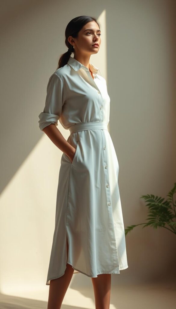 A sophisticated modern shirt dress with clean, contemporary lines and an effortless silhouette. The garment features a collared neckline, a subtly flared skirt, and a minimalist aesthetic. Soft natural lighting from the side creates a chiaroscuro effect, highlighting the fabric's texture and drape. The dress is styled on a neutral background with a hint of greenery, conveying a sense of timeless elegance and understated style. The camera angle is positioned to showcase the dress's refined, streamlined design and versatile appeal. A sophisticated modern shirt dress with clean, contemporary lines and an effortless silhouette. The garment features a collared neckline, a subtly flared skirt, and a minimalist aesthetic. Soft natural lighting from the side creates a chiaroscuro effect, highlighting the fabric's texture and drape. The dress is styled on a neutral background with a hint of greenery, conveying a sense of timeless elegance and understated style. The camera angle is positioned to showcase the dress's refined, streamlined design and versatile appeal.