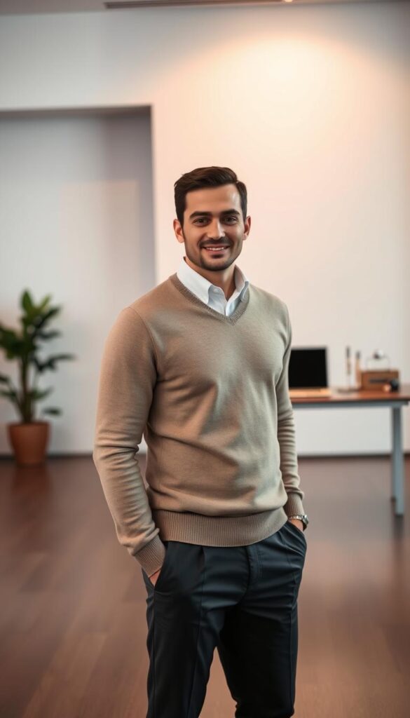 A sophisticated office setting with a well-dressed professional standing in the foreground, wearing a sleek, tailored sweater in a neutral tone. The sweater is complemented by a crisp button-down shirt, a smart pair of trousers, and polished dress shoes. The lighting is soft and indirect, casting a warm, professional glow on the scene. In the middle ground, there is a minimalist desk with a laptop, a few carefully curated office accessories, and a potted plant, all against a backdrop of clean, modern architectural elements, such as floor-to-ceiling windows or a neutral-colored wall. The overall mood is one of understated elegance and quiet confidence, perfectly suited for a professional work environment. A sophisticated office setting with a well-dressed professional standing in the foreground, wearing a sleek, tailored sweater in a neutral tone. The sweater is complemented by a crisp button-down shirt, a smart pair of trousers, and polished dress shoes. The lighting is soft and indirect, casting a warm, professional glow on the scene. In the middle ground, there is a minimalist desk with a laptop, a few carefully curated office accessories, and a potted plant, all against a backdrop of clean, modern architectural elements, such as floor-to-ceiling windows or a neutral-colored wall. The overall mood is one of understated elegance and quiet confidence, perfectly suited for a professional work environment.