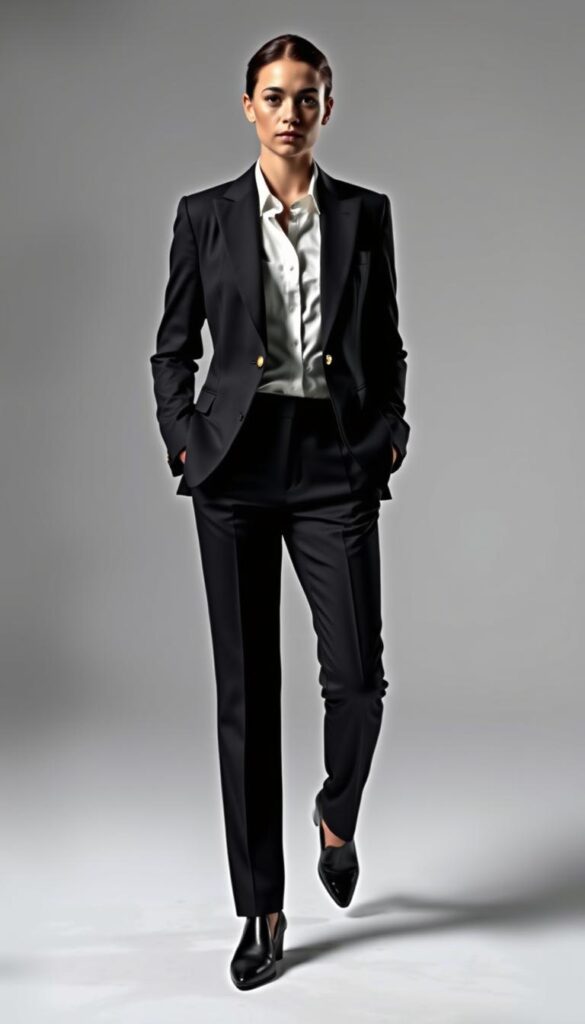 A sophisticated professional power suit in an all-black palette, captured in a sleek studio setting. The tailored jacket and pants are crafted from luxurious, high-quality fabrics that drape elegantly. The silhouette is sharp and structured, exuding an air of confident authority. Subtle details like gold buttons and a crisp white shirt elevate the ensemble. Dramatic studio lighting casts dramatic shadows, accentuating the confident, commanding presence of the outfit. The background is a plain, minimalist set, allowing the power suit to be the sole focus. This image captures the essence of polished, professional attire that commands attention in the workplace. A sophisticated professional power suit in an all-black palette, captured in a sleek studio setting. The tailored jacket and pants are crafted from luxurious, high-quality fabrics that drape elegantly. The silhouette is sharp and structured, exuding an air of confident authority. Subtle details like gold buttons and a crisp white shirt elevate the ensemble. Dramatic studio lighting casts dramatic shadows, accentuating the confident, commanding presence of the outfit. The background is a plain, minimalist set, allowing the power suit to be the sole focus. This image captures the essence of polished, professional attire that commands attention in the workplace.