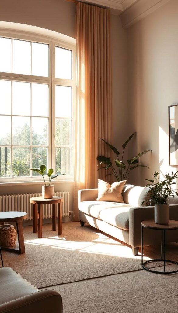 A sophisticated, sun-drenched living space with clean lines, natural materials, and a calming ambiance. A large window floods the room with warm, diffused natural light, casting soft shadows and gentle highlights across the minimalist furniture and decor. A plush, neutral-toned sofa invites relaxation, while a wooden side table and potted plants add organic touches. The overall scene exudes a sense of quiet luxury, where elegant simplicity and the beauty of natural illumination create a tranquil, elevated atmosphere. A sophisticated, sun-drenched living space with clean lines, natural materials, and a calming ambiance. A large window floods the room with warm, diffused natural light, casting soft shadows and gentle highlights across the minimalist furniture and decor. A plush, neutral-toned sofa invites relaxation, while a wooden side table and potted plants add organic touches. The overall scene exudes a sense of quiet luxury, where elegant simplicity and the beauty of natural illumination create a tranquil, elevated atmosphere.