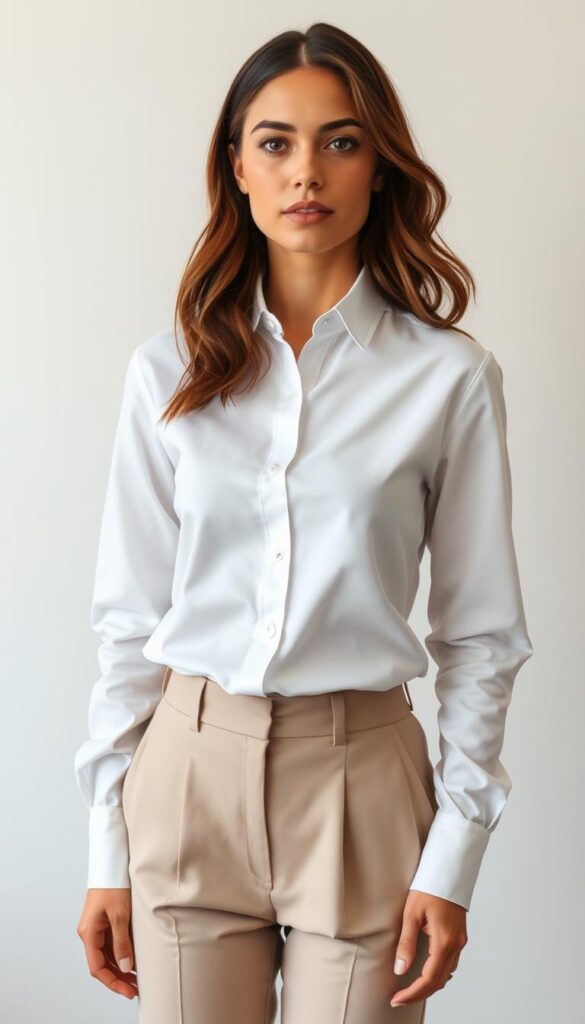 A sophisticated, timeless outfit featuring a crisp, pristine white button-down shirt with a tailored, slim-fit silhouette. The shirt's collar is perfectly pressed, the cuffs neatly folded. Tailored, high-waisted trousers in a neutral, versatile tone complement the shirt, creating a polished, effortless look. The outfit is styled against a minimal, elegant backdrop, with soft, diffused lighting that accentuates the luxurious fabrics and clean lines. The overall mood is one of refined sophistication and timeless style. A sophisticated, timeless outfit featuring a crisp, pristine white button-down shirt with a tailored, slim-fit silhouette. The shirt's collar is perfectly pressed, the cuffs neatly folded. Tailored, high-waisted trousers in a neutral, versatile tone complement the shirt, creating a polished, effortless look. The outfit is styled against a minimal, elegant backdrop, with soft, diffused lighting that accentuates the luxurious fabrics and clean lines. The overall mood is one of refined sophistication and timeless style.