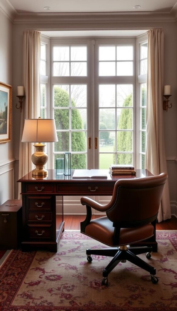 A sophisticated, well-lit preppy interior featuring a prominent mahogany writing desk with brass hardware and a plush leather desk chair. On the desk, a table lamp with a white linen shade casts a warm, ambient glow, complemented by a pair of sconces flanking a large bay window overlooking a manicured garden. The walls are adorned with classic art prints in gilded frames, and a Persian rug in muted tones anchors the space. Soft natural lighting filters through sheer curtains, creating a refined, genteel atmosphere. A sophisticated, well-lit preppy interior featuring a prominent mahogany writing desk with brass hardware and a plush leather desk chair. On the desk, a table lamp with a white linen shade casts a warm, ambient glow, complemented by a pair of sconces flanking a large bay window overlooking a manicured garden. The walls are adorned with classic art prints in gilded frames, and a Persian rug in muted tones anchors the space. Soft natural lighting filters through sheer curtains, creating a refined, genteel atmosphere.