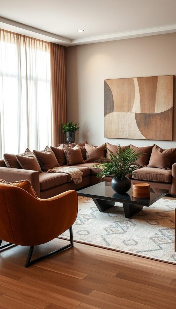 A spacious and inviting contemporary living room with a warm mocha mousse color scheme. A plush, oversized sectional sofa in a rich chocolate brown anchors the space, paired with matching mocha-toned throw pillows and a cozy knitted blanket. Accenting the room, a pair of modern, curved armchairs in a deep caramel hue sit adjacent to a sleek, rectangular coffee table topped with a sculptural vase filled with lush greenery. Soft, indirect lighting filters through sheer curtains, creating a cozy, intimate ambiance. The walls are painted in a soothing, neutral tone that complements the mocha theme, and a large, abstract artwork in shades of brown and beige adds a touch of visual interest. Warm, wooden accents throughout the space, including the coffee table and side tables, further enhance the inviting, natural feel. A spacious and inviting contemporary living room with a warm mocha mousse color scheme. A plush, oversized sectional sofa in a rich chocolate brown anchors the space, paired with matching mocha-toned throw pillows and a cozy knitted blanket. Accenting the room, a pair of modern, curved armchairs in a deep caramel hue sit adjacent to a sleek, rectangular coffee table topped with a sculptural vase filled with lush greenery. Soft, indirect lighting filters through sheer curtains, creating a cozy, intimate ambiance. The walls are painted in a soothing, neutral tone that complements the mocha theme, and a large, abstract artwork in shades of brown and beige adds a touch of visual interest. Warm, wooden accents throughout the space, including the coffee table and side tables, further enhance the inviting, natural feel.