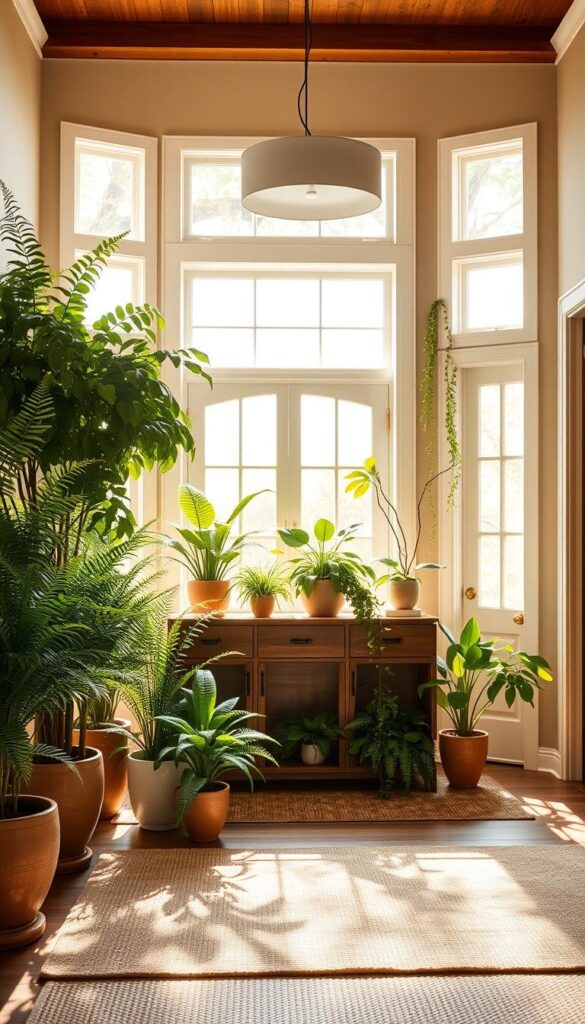 A spacious and inviting entryway, bathed in warm natural light streaming through large windows. In the foreground, a variety of lush, verdant potted plants - ferns, philodendrons, and trailing vines - artfully arranged to create a lively, nature-inspired atmosphere. The middle ground features a stylish wooden console table, its clean lines and neutral tones providing a perfect backdrop for the vibrant greenery. Hanging above, a modern semi-flush light fixture casts a gentle glow, illuminating the scene. The background showcases a tasteful, minimalist decor, with neutral-toned walls and plush, textured area rugs, creating a cohesive and harmonious space that seamlessly blends the outdoors and indoors. A spacious and inviting entryway, bathed in warm natural light streaming through large windows. In the foreground, a variety of lush, verdant potted plants - ferns, philodendrons, and trailing vines - artfully arranged to create a lively, nature-inspired atmosphere. The middle ground features a stylish wooden console table, its clean lines and neutral tones providing a perfect backdrop for the vibrant greenery. Hanging above, a modern semi-flush light fixture casts a gentle glow, illuminating the scene. The background showcases a tasteful, minimalist decor, with neutral-toned walls and plush, textured area rugs, creating a cohesive and harmonious space that seamlessly blends the outdoors and indoors.