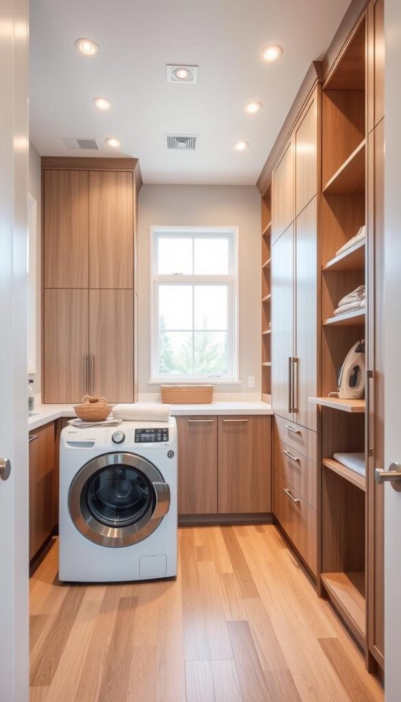 A spacious and well-organized laundry room with a creative layout that maximizes efficiency. The foreground features a modern, top-loading washer and dryer set against a backdrop of sleek, floor-to-ceiling cabinetry in a warm, neutral color palette. The middle ground showcases cleverly designed storage solutions, including pull-out drawers, adjustable shelving, and a built-in ironing board. The background highlights natural lighting from large windows, complemented by a combination of task-focused and ambient lighting fixtures that create a bright, inviting atmosphere. The overall layout seamlessly integrates form and function, showcasing a thoughtful design that elevates the practical nature of the laundry room. A spacious and well-organized laundry room with a creative layout that maximizes efficiency. The foreground features a modern, top-loading washer and dryer set against a backdrop of sleek, floor-to-ceiling cabinetry in a warm, neutral color palette. The middle ground showcases cleverly designed storage solutions, including pull-out drawers, adjustable shelving, and a built-in ironing board. The background highlights natural lighting from large windows, complemented by a combination of task-focused and ambient lighting fixtures that create a bright, inviting atmosphere. The overall layout seamlessly integrates form and function, showcasing a thoughtful design that elevates the practical nature of the laundry room.