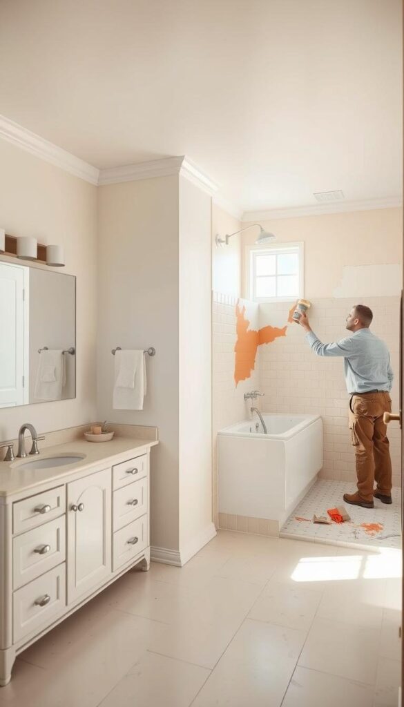 A spacious bathroom setting, with a vanity, sink, and mirror on the left. On the right, two side-by-side scenes depict a bathroom undergoing repainting and a full bathroom replacement. The repainting scene shows a worker applying a fresh coat of paint to the walls, while the replacement scene shows a contractor removing tiles and fixtures. The lighting is soft and natural, creating a serene atmosphere. The overall composition highlights the contrast between the two renovation approaches, inviting the viewer to consider the pros and cons of each option. A spacious bathroom setting, with a vanity, sink, and mirror on the left. On the right, two side-by-side scenes depict a bathroom undergoing repainting and a full bathroom replacement. The repainting scene shows a worker applying a fresh coat of paint to the walls, while the replacement scene shows a contractor removing tiles and fixtures. The lighting is soft and natural, creating a serene atmosphere. The overall composition highlights the contrast between the two renovation approaches, inviting the viewer to consider the pros and cons of each option.