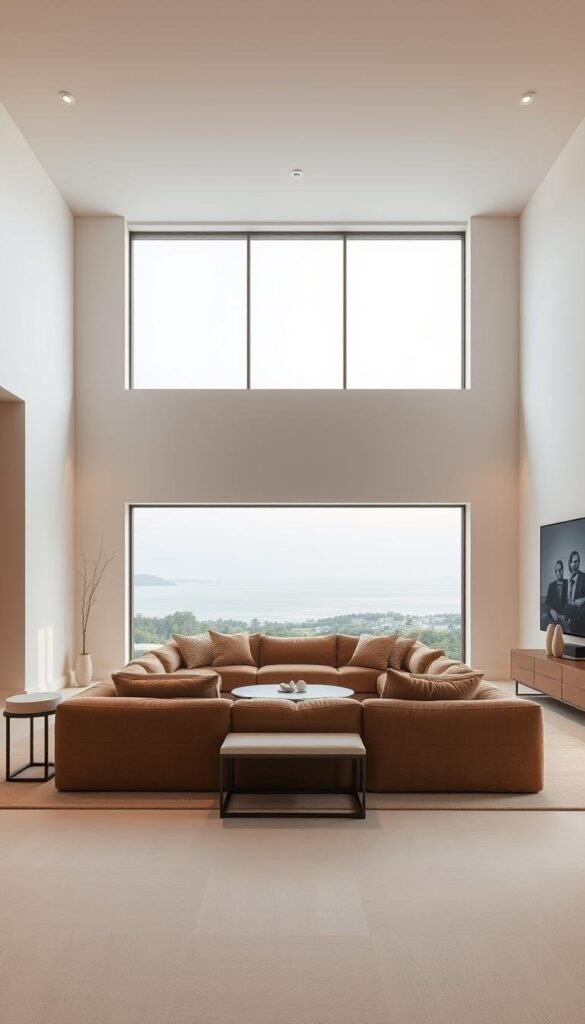 A spacious, minimalist living room with clean lines and a neutral color palette. Warm, diffused lighting casts a soft glow, accentuating the room's elegant simplicity. Plush, low-profile seating in earthy tones creates a cozy yet refined atmosphere. A large, unadorned window frames a serene outdoor vista, blurring the boundaries between interior and exterior. Subtle, high-quality textures like linen and brushed metal add visual interest without distracting from the room's understated beauty. The overall impression is one of quiet sophistication and restful tranquility. A spacious, minimalist living room with clean lines and a neutral color palette. Warm, diffused lighting casts a soft glow, accentuating the room's elegant simplicity. Plush, low-profile seating in earthy tones creates a cozy yet refined atmosphere. A large, unadorned window frames a serene outdoor vista, blurring the boundaries between interior and exterior. Subtle, high-quality textures like linen and brushed metal add visual interest without distracting from the room's understated beauty. The overall impression is one of quiet sophistication and restful tranquility.