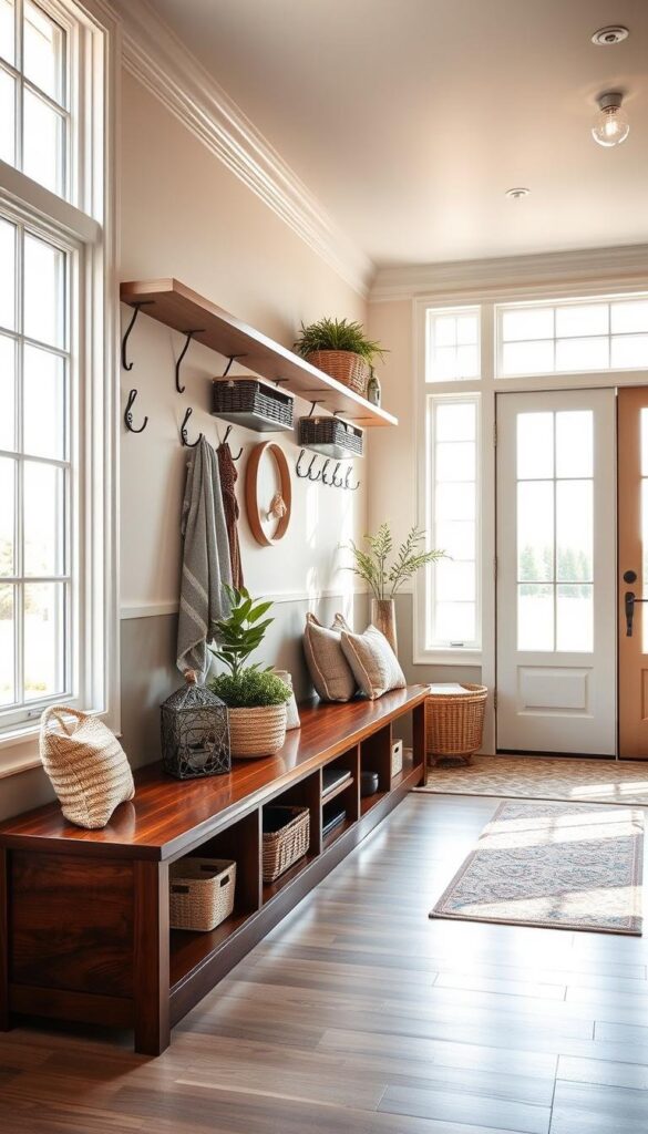 A spacious, well-lit entryway showcases an elegantly curated storage solution. Polished wooden bench with ample cubby space underneath, complemented by a series of wall-mounted hooks and shelves. Decorative baskets and trays neatly organize everyday items, creating a visually harmonious and functional display. Soft natural light filters through large windows, casting a warm glow on the carefully selected decor elements. Subtle pops of greenery add a refreshing touch, balancing the practical nature of the storage with an aesthetic appeal. A cohesive color palette of earthy tones and natural materials establishes a welcoming, sophisticated ambiance. A spacious, well-lit entryway showcases an elegantly curated storage solution. Polished wooden bench with ample cubby space underneath, complemented by a series of wall-mounted hooks and shelves. Decorative baskets and trays neatly organize everyday items, creating a visually harmonious and functional display. Soft natural light filters through large windows, casting a warm glow on the carefully selected decor elements. Subtle pops of greenery add a refreshing touch, balancing the practical nature of the storage with an aesthetic appeal. A cohesive color palette of earthy tones and natural materials establishes a welcoming, sophisticated ambiance.