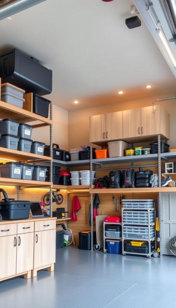 A spacious, well-organized garage interior with a focus on maximizing vertical storage space. The scene depicts an array of sturdy shelving units, cabinets, and racks meticulously arranged to create a harmonious and efficient storage solution. Warm, directional lighting accentuates the clean lines and neutral tones of the space, while natural wood accents add a touch of rustic charm. Neatly stacked containers, tools, and various household items are strategically placed, showcasing a thoughtful and systematic approach to maximizing the available vertical space. The overall atmosphere conveys a sense of order, productivity, and a practical solution to the common challenge of garage clutter. A spacious, well-organized garage interior with a focus on maximizing vertical storage space. The scene depicts an array of sturdy shelving units, cabinets, and racks meticulously arranged to create a harmonious and efficient storage solution. Warm, directional lighting accentuates the clean lines and neutral tones of the space, while natural wood accents add a touch of rustic charm. Neatly stacked containers, tools, and various household items are strategically placed, showcasing a thoughtful and systematic approach to maximizing the available vertical space. The overall atmosphere conveys a sense of order, productivity, and a practical solution to the common challenge of garage clutter.