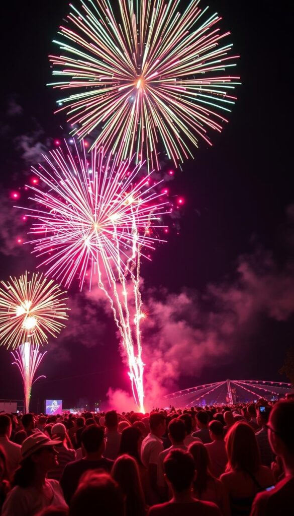 A spectacular display of colorful fireworks bursts across a clear night sky, illuminating the scene with vibrant flashes and trails of light. In the foreground, fireworks of various shapes and sizes erupt, casting a warm glow on the faces of awestruck onlookers gathered below. Silhouetted against the vibrant backdrop, the crowd watches in wonder, their expressions filled with joy and anticipation. The fireworks cascade down in a mesmerizing symphony of color and sound, creating a sense of festive energy and celebration. Captured with a wide-angle lens and dramatic low-angle perspective, the image conveys the grandeur and spectacle of a 4th of July fireworks display. A spectacular display of colorful fireworks bursts across a clear night sky, illuminating the scene with vibrant flashes and trails of light. In the foreground, fireworks of various shapes and sizes erupt, casting a warm glow on the faces of awestruck onlookers gathered below. Silhouetted against the vibrant backdrop, the crowd watches in wonder, their expressions filled with joy and anticipation. The fireworks cascade down in a mesmerizing symphony of color and sound, creating a sense of festive energy and celebration. Captured with a wide-angle lens and dramatic low-angle perspective, the image conveys the grandeur and spectacle of a 4th of July fireworks display.