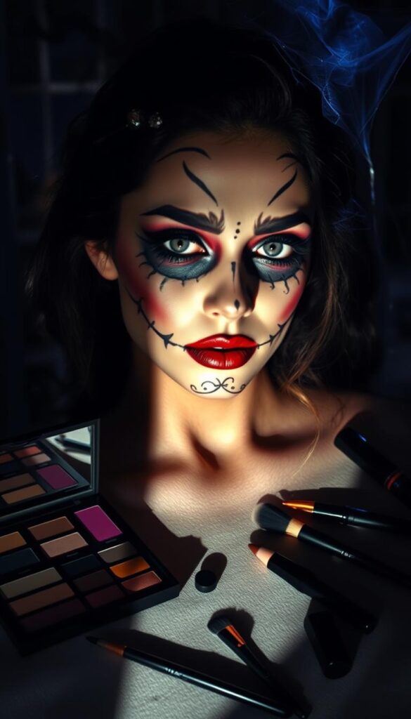 A spooky, yet whimsical scene showcasing a variety of Halloween makeup ideas and techniques. In the foreground, a model with a hauntingly beautiful face, featuring expertly applied contoured, smoky eye makeup, bold lip colors, and intricate face paint designs like spider webs, skulls, or gothic lace patterns. In the middle ground, an assortment of Halloween-themed makeup palettes, brushes, and other cosmetic tools scattered around, casting long shadows. In the background, a dimly lit, shadowy environment with hints of eerie lighting, cobwebs, and other spooky elements to set the Halloween mood. The overall tone should be both captivating and unsettling, evoking the spirit of the season. A spooky, yet whimsical scene showcasing a variety of Halloween makeup ideas and techniques. In the foreground, a model with a hauntingly beautiful face, featuring expertly applied contoured, smoky eye makeup, bold lip colors, and intricate face paint designs like spider webs, skulls, or gothic lace patterns. In the middle ground, an assortment of Halloween-themed makeup palettes, brushes, and other cosmetic tools scattered around, casting long shadows. In the background, a dimly lit, shadowy environment with hints of eerie lighting, cobwebs, and other spooky elements to set the Halloween mood. The overall tone should be both captivating and unsettling, evoking the spirit of the season.