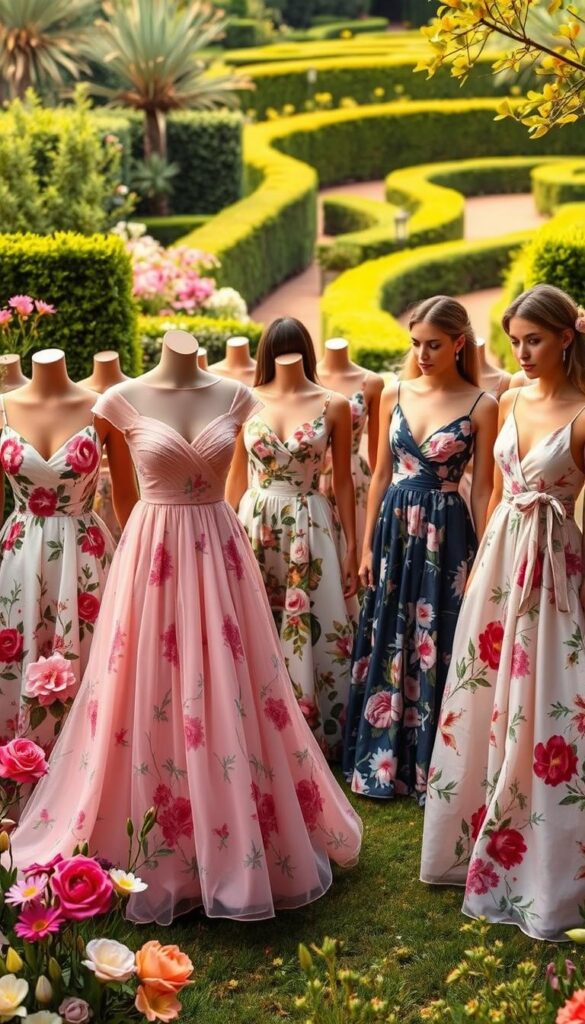 A spring garden party comes alive in a lush display of designer floral dresses. In the foreground, a vibrant array of blooming botanicals - roses, peonies, and lilies - adorn the flowing silhouettes of floor-length gowns. Delicate chiffon and satin fabrics cascade gracefully, accentuated by intricate embroidery and subtle ruffles. The middle ground showcases a variety of midi-length dresses, their fitted bodices and flared skirts complementing the floral motifs. Warm, diffused lighting casts a soft, romantic glow, creating an enchanting atmosphere perfect for spring celebrations. In the background, a verdant garden oasis with manicured hedges and winding paths sets the stage for these stunning designer creations. A spring garden party comes alive in a lush display of designer floral dresses. In the foreground, a vibrant array of blooming botanicals - roses, peonies, and lilies - adorn the flowing silhouettes of floor-length gowns. Delicate chiffon and satin fabrics cascade gracefully, accentuated by intricate embroidery and subtle ruffles. The middle ground showcases a variety of midi-length dresses, their fitted bodices and flared skirts complementing the floral motifs. Warm, diffused lighting casts a soft, romantic glow, creating an enchanting atmosphere perfect for spring celebrations. In the background, a verdant garden oasis with manicured hedges and winding paths sets the stage for these stunning designer creations.