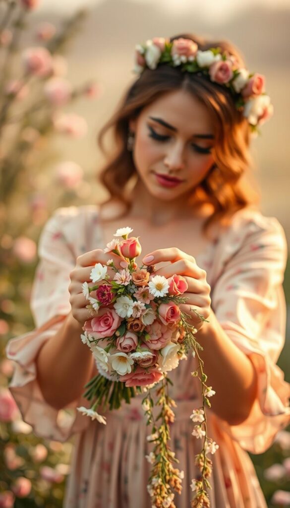 A springtime floral arrangement against a soft, ethereal background. In the foreground, an elegant woman's hands gracefully arrange a collection of floral accessories, including a delicate flower crown, a lush bouquet, and a trailing floral garland. The lighting is warm and diffused, casting a romantic glow. In the middle ground, the woman wears a flowing, pastel-hued floral dress, complementing the color palette. The background is a hazy, out-of-focus scene of blooming flowers and lush greenery, suggesting a garden or meadow setting. The overall mood is one of effortless, natural beauty and timeless style. A springtime floral arrangement against a soft, ethereal background. In the foreground, an elegant woman's hands gracefully arrange a collection of floral accessories, including a delicate flower crown, a lush bouquet, and a trailing floral garland. The lighting is warm and diffused, casting a romantic glow. In the middle ground, the woman wears a flowing, pastel-hued floral dress, complementing the color palette. The background is a hazy, out-of-focus scene of blooming flowers and lush greenery, suggesting a garden or meadow setting. The overall mood is one of effortless, natural beauty and timeless style.