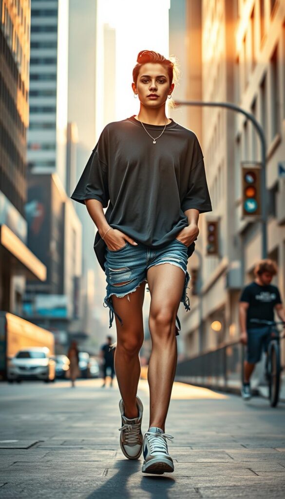 A street style baddie strutting down the block in an oversized graphic tee, commanding attention with effortless cool. The tee hangs loosely, accentuating their confident frame, paired with distressed denim shorts that showcase their toned legs. Chunky sneakers ground the look, adding a touch of edge. Sunlight filters through the cityscape, casting a warm, golden glow that bathes the scene in a hazy, summer vibe. The background is a blur of urban landscapes - towering buildings, colorful murals, and the bustle of the city streets. The baddie's expression is one of nonchalance, radiating an aura of unapologetic style. A street style baddie strutting down the block in an oversized graphic tee, commanding attention with effortless cool. The tee hangs loosely, accentuating their confident frame, paired with distressed denim shorts that showcase their toned legs. Chunky sneakers ground the look, adding a touch of edge. Sunlight filters through the cityscape, casting a warm, golden glow that bathes the scene in a hazy, summer vibe. The background is a blur of urban landscapes - towering buildings, colorful murals, and the bustle of the city streets. The baddie's expression is one of nonchalance, radiating an aura of unapologetic style.