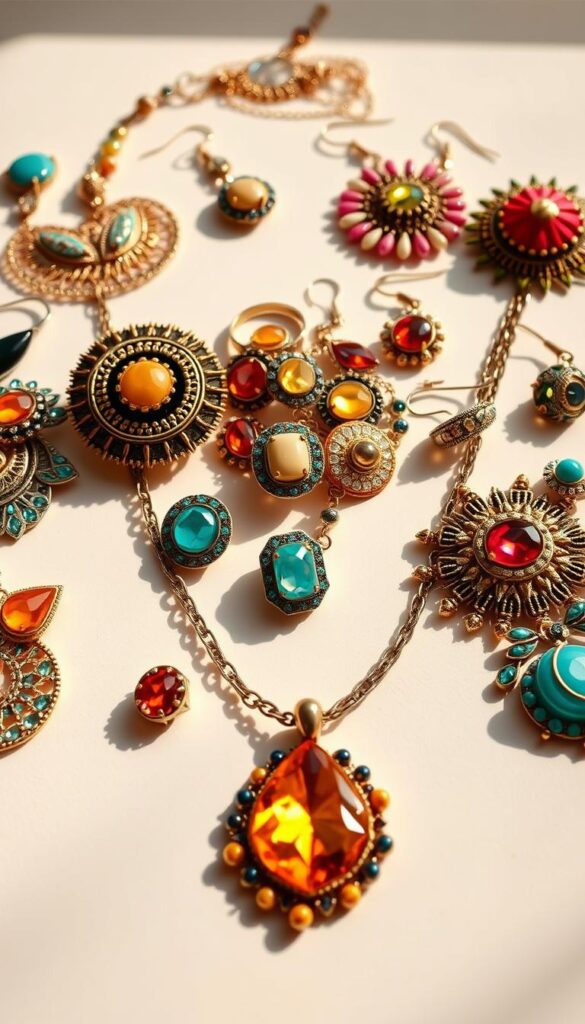 A stunning arrangement of summer statement jewelry, meticulously crafted with an eye-catching blend of vibrant colors, intricate textures, and bold geometric shapes. The foreground features a captivating necklace with a large pendant, its faceted gemstones reflecting the warm, golden light. Surrounding it, a harmonious collection of earrings, bracelets, and rings in a variety of trendy styles, from delicate filigree to chunky, oversized pieces. The middle ground showcases a tasteful scattering of jewelry on a soft, neutral background, creating a cohesive and visually appealing composition. The lighting is natural and soft, casting subtle shadows that accentuate the three-dimensional nature of the accessories. The overall mood is one of effortless elegance and modern sophistication, perfectly capturing the essence of the summer statement jewelry trends. A stunning arrangement of summer statement jewelry, meticulously crafted with an eye-catching blend of vibrant colors, intricate textures, and bold geometric shapes. The foreground features a captivating necklace with a large pendant, its faceted gemstones reflecting the warm, golden light. Surrounding it, a harmonious collection of earrings, bracelets, and rings in a variety of trendy styles, from delicate filigree to chunky, oversized pieces. The middle ground showcases a tasteful scattering of jewelry on a soft, neutral background, creating a cohesive and visually appealing composition. The lighting is natural and soft, casting subtle shadows that accentuate the three-dimensional nature of the accessories. The overall mood is one of effortless elegance and modern sophistication, perfectly capturing the essence of the summer statement jewelry trends.