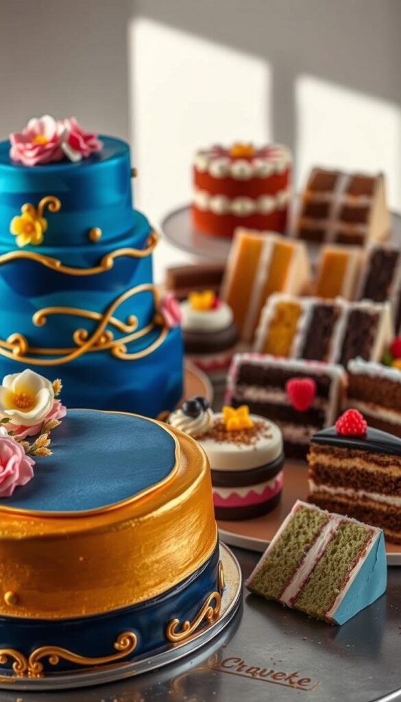 A stunning display of unique cake flavors, showcasing a vibrant array of textures and colors. In the foreground, an exquisite layered cake with a smooth, glossy fondant exterior in shades of deep blue and gold, adorned with intricate piping and delicate floral accents. The middle ground features an assortment of mini cakes, each with a distinct flavor profile - a zesty lemon meringue, a rich chocolate truffle, and a refreshing berry surprise. In the background, a selection of decadent cake slices, each revealing a cross-section of the unique fillings and sponge textures within. The lighting is soft and natural, casting a warm glow that enhances the visual appeal of these extraordinary confections. The overall scene evokes a sense of artistry, elegance, and the endless possibilities of cake design. A stunning display of unique cake flavors, showcasing a vibrant array of textures and colors. In the foreground, an exquisite layered cake with a smooth, glossy fondant exterior in shades of deep blue and gold, adorned with intricate piping and delicate floral accents. The middle ground features an assortment of mini cakes, each with a distinct flavor profile - a zesty lemon meringue, a rich chocolate truffle, and a refreshing berry surprise. In the background, a selection of decadent cake slices, each revealing a cross-section of the unique fillings and sponge textures within. The lighting is soft and natural, casting a warm glow that enhances the visual appeal of these extraordinary confections. The overall scene evokes a sense of artistry, elegance, and the endless possibilities of cake design.