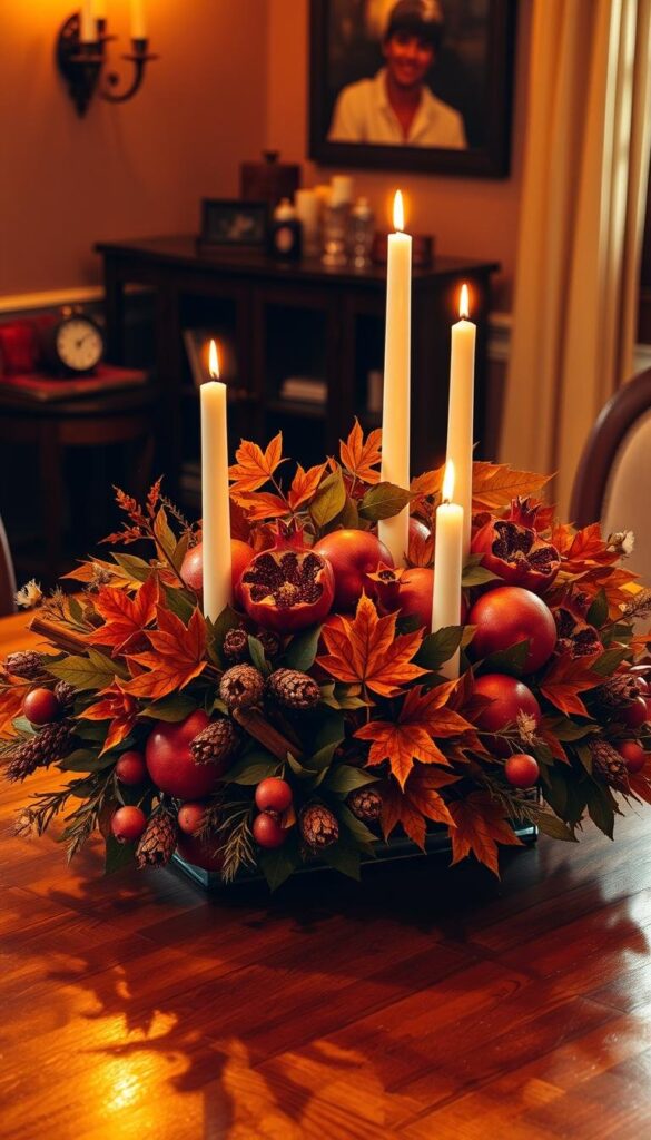 A stunning seasonal centerpiece composed of an elegant arrangement of vibrant autumn foliage, ripe fruit, and flickering candles. The scene is bathed in warm, golden light, casting a cozy, inviting glow across a polished wooden table. The composition features a lush mix of maple leaves, pomegranates, and cinnamon sticks, artfully intertwined with taper candles of varying heights. The image is captured from a slightly elevated angle, highlighting the layers and textures of the centerpiece. The overall atmosphere evokes a sense of harvest-time abundance and refined sophistication, perfectly suited to grace a stylish dining room tableau. A stunning seasonal centerpiece composed of an elegant arrangement of vibrant autumn foliage, ripe fruit, and flickering candles. The scene is bathed in warm, golden light, casting a cozy, inviting glow across a polished wooden table. The composition features a lush mix of maple leaves, pomegranates, and cinnamon sticks, artfully intertwined with taper candles of varying heights. The image is captured from a slightly elevated angle, highlighting the layers and textures of the centerpiece. The overall atmosphere evokes a sense of harvest-time abundance and refined sophistication, perfectly suited to grace a stylish dining room tableau.