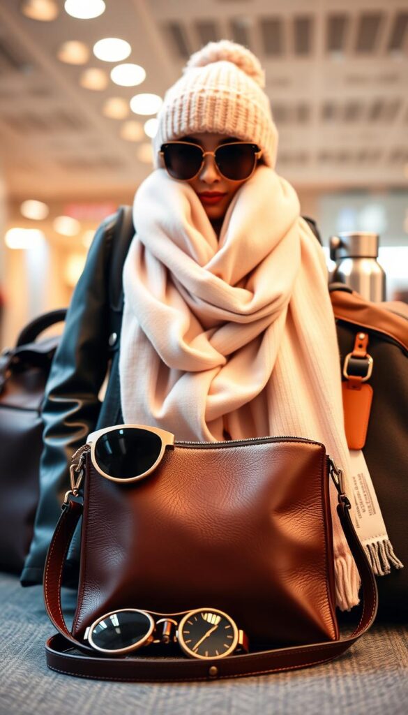 A stylish airport accessory set for a cute, comfortable travel outfit. Foreground features a sleek, leather crossbody bag, a pair of oversized sunglasses, and a chic pastel scarf elegantly draped around the neck. Middle ground has a minimalist, rose gold smartwatch and a set of matching leather luggage tags. Background has a cozy, knitted beanie, a practical passport holder, and a trendy, metal water bottle. Lighting is warm and soft, creating a welcoming, inviting ambiance. Shot with a wide-angle lens to capture the full ensemble in a dynamic, editorial-style composition. A stylish airport accessory set for a cute, comfortable travel outfit. Foreground features a sleek, leather crossbody bag, a pair of oversized sunglasses, and a chic pastel scarf elegantly draped around the neck. Middle ground has a minimalist, rose gold smartwatch and a set of matching leather luggage tags. Background has a cozy, knitted beanie, a practical passport holder, and a trendy, metal water bottle. Lighting is warm and soft, creating a welcoming, inviting ambiance. Shot with a wide-angle lens to capture the full ensemble in a dynamic, editorial-style composition.
