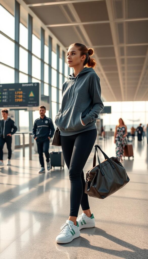 A stylish airport lounge with natural light streaming through floor-to-ceiling windows. In the foreground, a fashionable woman in a sleek athleisure outfit - a charcoal grey hoodie, black leggings, and pristine white sneakers. Her hair is tied back, and she carries a chic leather duffel bag. In the middle ground, other travelers in similar relaxed yet stylish ensembles - a man in a navy tracksuit, a woman in a floral print jumpsuit, all embodying an effortless, on-the-go aesthetic. The background is filled with subtle details that evoke the airport setting - a glimpse of departure boards, discreet luggage carts, and the distant silhouettes of airplanes against a hazy sky. The lighting is warm and flattering, accentuating the sleek, modern lines of the architecture and the natural textures of the clothing. A stylish airport lounge with natural light streaming through floor-to-ceiling windows. In the foreground, a fashionable woman in a sleek athleisure outfit - a charcoal grey hoodie, black leggings, and pristine white sneakers. Her hair is tied back, and she carries a chic leather duffel bag. In the middle ground, other travelers in similar relaxed yet stylish ensembles - a man in a navy tracksuit, a woman in a floral print jumpsuit, all embodying an effortless, on-the-go aesthetic. The background is filled with subtle details that evoke the airport setting - a glimpse of departure boards, discreet luggage carts, and the distant silhouettes of airplanes against a hazy sky. The lighting is warm and flattering, accentuating the sleek, modern lines of the architecture and the natural textures of the clothing.