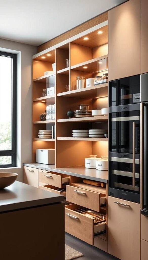 A stylish and modern multi-functional kitchen cabinet system, showcasing a variety of storage and organization solutions. The cabinet features sleek, minimalist design with a mix of open shelving, closed drawers, and hidden compartments. Soft lighting illuminates the interior, highlighting the clean lines and high-quality materials like wood, metal, and glass. The layout is both practical and visually appealing, with a balance of open and closed storage to keep the kitchen clutter-free and visually harmonious. Photographed at a slightly low angle to accentuate the height and grandeur of the cabinet, with a soft, natural light filtering in from a nearby window, creating a warm and inviting atmosphere. A stylish and modern multi-functional kitchen cabinet system, showcasing a variety of storage and organization solutions. The cabinet features sleek, minimalist design with a mix of open shelving, closed drawers, and hidden compartments. Soft lighting illuminates the interior, highlighting the clean lines and high-quality materials like wood, metal, and glass. The layout is both practical and visually appealing, with a balance of open and closed storage to keep the kitchen clutter-free and visually harmonious. Photographed at a slightly low angle to accentuate the height and grandeur of the cabinet, with a soft, natural light filtering in from a nearby window, creating a warm and inviting atmosphere.