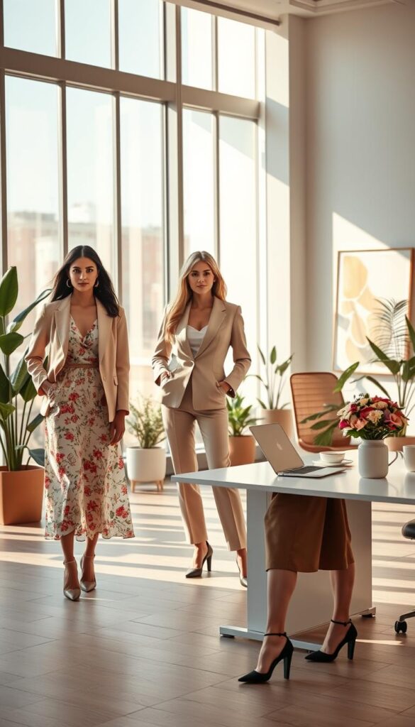 A stylish and professional office setting with floor-to-ceiling windows bathed in warm, natural light. In the foreground, three fashionable models showcase chic spring looks: a lightweight floral dress with a structured blazer, a tailored pantsuit in a pastel hue, and a crisp white blouse paired with a high-waisted pencil skirt. The middle ground features a minimalist, modern desk setup with a laptop, coffee mug, and a vase of fresh flowers. In the background, potted plants and abstract artwork add a touch of greenery and sophistication to the scene. The overall mood is polished, serene, and effortlessly stylish, perfectly capturing the essence of professional spring fashion in an office environment. A stylish and professional office setting with floor-to-ceiling windows bathed in warm, natural light. In the foreground, three fashionable models showcase chic spring looks: a lightweight floral dress with a structured blazer, a tailored pantsuit in a pastel hue, and a crisp white blouse paired with a high-waisted pencil skirt. The middle ground features a minimalist, modern desk setup with a laptop, coffee mug, and a vase of fresh flowers. In the background, potted plants and abstract artwork add a touch of greenery and sophistication to the scene. The overall mood is polished, serene, and effortlessly stylish, perfectly capturing the essence of professional spring fashion in an office environment.