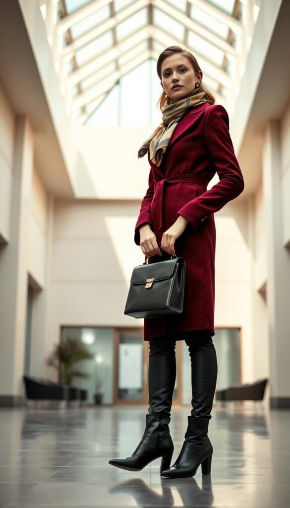 A stylish and sophisticated professional woman stands elegantly in a high-ceilinged, sun-drenched atrium, wearing a tailored winter coat in a rich burgundy hue. Her accessories - a polished leather briefcase, a silk scarf, and sleek leather boots - elevate the ensemble to a showstopping level. The lighting is soft and diffused, creating a warm, inviting atmosphere that exudes confidence and authority. The background features a minimalist, yet refined office setting, with clean lines and muted tones that allow the focal point - the impeccably dressed woman - to take center stage. A stylish and sophisticated professional woman stands elegantly in a high-ceilinged, sun-drenched atrium, wearing a tailored winter coat in a rich burgundy hue. Her accessories - a polished leather briefcase, a silk scarf, and sleek leather boots - elevate the ensemble to a showstopping level. The lighting is soft and diffused, creating a warm, inviting atmosphere that exudes confidence and authority. The background features a minimalist, yet refined office setting, with clean lines and muted tones that allow the focal point - the impeccably dressed woman - to take center stage.
