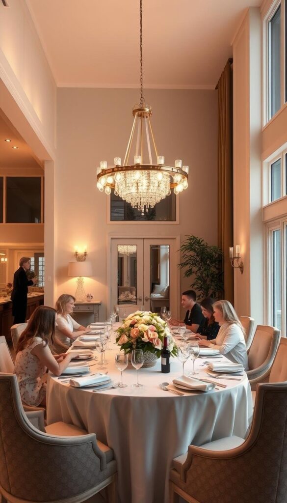 A stylish and welcoming dining room, bathed in warm, soft lighting that casts a cozy glow. The table is set with elegant tableware, fine linens, and a beautiful floral centerpiece, inviting guests to gather and savor the meal and each other's company. The room's high ceilings, large windows, and neutral color palette create a sense of spaciousness and refinement, while plush upholstered chairs and a stunning contemporary chandelier add touches of luxury. The overall atmosphere is one of comfort, relaxation, and shared experience, where delightful conversations and cherished memories are made. A stylish and welcoming dining room, bathed in warm, soft lighting that casts a cozy glow. The table is set with elegant tableware, fine linens, and a beautiful floral centerpiece, inviting guests to gather and savor the meal and each other's company. The room's high ceilings, large windows, and neutral color palette create a sense of spaciousness and refinement, while plush upholstered chairs and a stunning contemporary chandelier add touches of luxury. The overall atmosphere is one of comfort, relaxation, and shared experience, where delightful conversations and cherished memories are made.