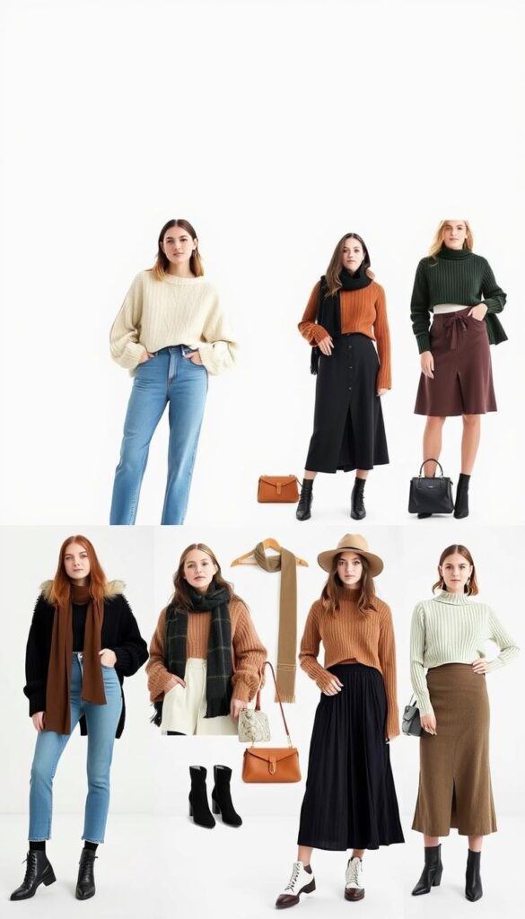 A stylish and well-curated collection of cropped sweater outfits against a clean, minimalist background. The foreground features several female models showcasing different cropped sweater looks, ranging from a cozy oversized knit paired with high-waisted jeans to a fitted ribbed sweater tucked into a sleek midi skirt. The middle ground includes a variety of accessory items like scarves, hats, and bags that complement the sweater ensembles. The background is a simple, light-colored studio setup with soft, diffused lighting to emphasize the outfits. The overall mood is one of effortless, contemporary fashion inspiration, encouraging the viewer to experiment with layering and proportions when styling cropped sweaters. A stylish and well-curated collection of cropped sweater outfits against a clean, minimalist background. The foreground features several female models showcasing different cropped sweater looks, ranging from a cozy oversized knit paired with high-waisted jeans to a fitted ribbed sweater tucked into a sleek midi skirt. The middle ground includes a variety of accessory items like scarves, hats, and bags that complement the sweater ensembles. The background is a simple, light-colored studio setup with soft, diffused lighting to emphasize the outfits. The overall mood is one of effortless, contemporary fashion inspiration, encouraging the viewer to experiment with layering and proportions when styling cropped sweaters.