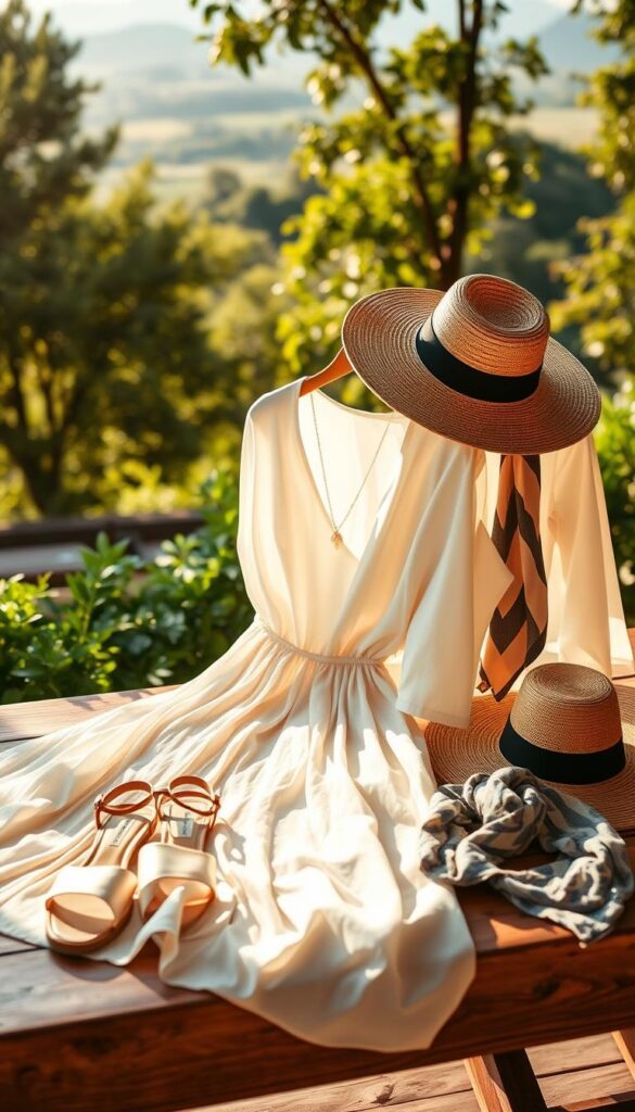 A stylish array of summer essentials arranged on a wooden table, bathed in warm, golden light. In the foreground, a flowing chiffon dress, a crisp white blouse, and a pair of elegant sandals. In the middle ground, a straw hat, a silk scarf, and a delicate necklace. In the background, lush greenery and a glimpse of a serene landscape. The overall mood is one of effortless sophistication and timeless summer charm. Captured with a soft, dreamy focus and a shallow depth of field to draw the eye to the key elements. A stylish array of summer essentials arranged on a wooden table, bathed in warm, golden light. In the foreground, a flowing chiffon dress, a crisp white blouse, and a pair of elegant sandals. In the middle ground, a straw hat, a silk scarf, and a delicate necklace. In the background, lush greenery and a glimpse of a serene landscape. The overall mood is one of effortless sophistication and timeless summer charm. Captured with a soft, dreamy focus and a shallow depth of field to draw the eye to the key elements.