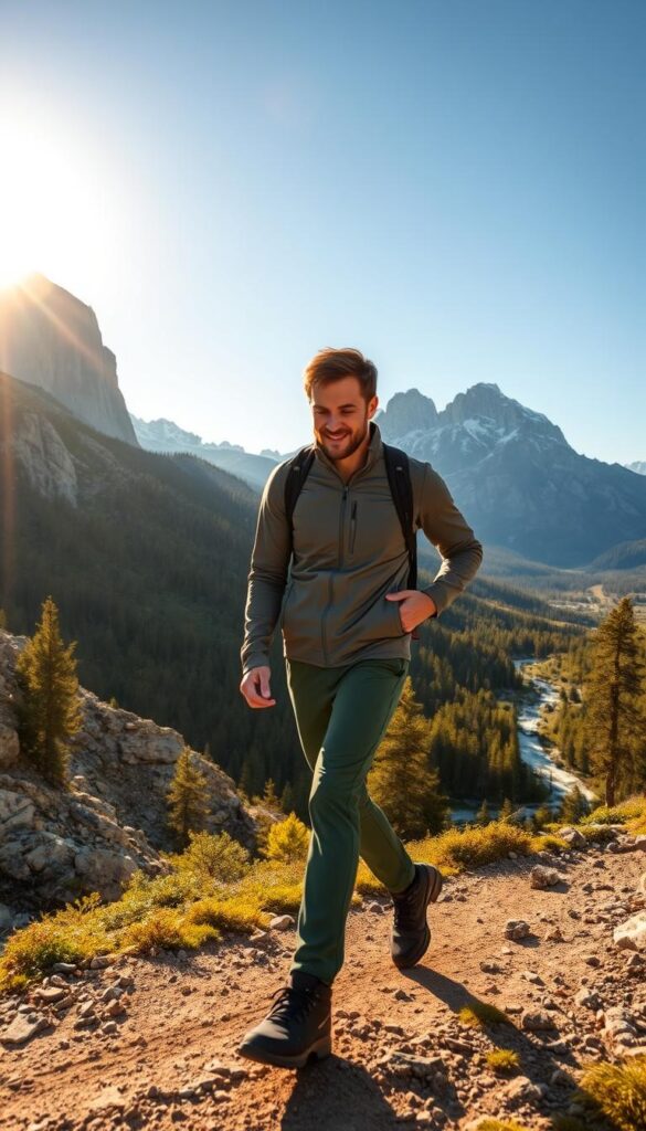 A stylish hiker strolls through a rugged mountain landscape, the warm afternoon sun casting a golden glow across the scene. In the foreground, the hiker wears a tailored yet functional outfit - a slate gray, moisture-wicking jacket with a high collar, paired with slim-fit technical hiking pants in a deep forest green. Sleek black hiking boots with a sturdy tread provide traction on the uneven terrain. In the middle ground, towering granite peaks pierce the azure sky, their snow-capped summits glinting in the light. The background reveals a winding trail leading through a lush, verdant forest, a bubbling stream cutting through the undergrowth. An air of peaceful tranquility and adventurous spirit pervades the scene. A stylish hiker strolls through a rugged mountain landscape, the warm afternoon sun casting a golden glow across the scene. In the foreground, the hiker wears a tailored yet functional outfit - a slate gray, moisture-wicking jacket with a high collar, paired with slim-fit technical hiking pants in a deep forest green. Sleek black hiking boots with a sturdy tread provide traction on the uneven terrain. In the middle ground, towering granite peaks pierce the azure sky, their snow-capped summits glinting in the light. The background reveals a winding trail leading through a lush, verdant forest, a bubbling stream cutting through the undergrowth. An air of peaceful tranquility and adventurous spirit pervades the scene.