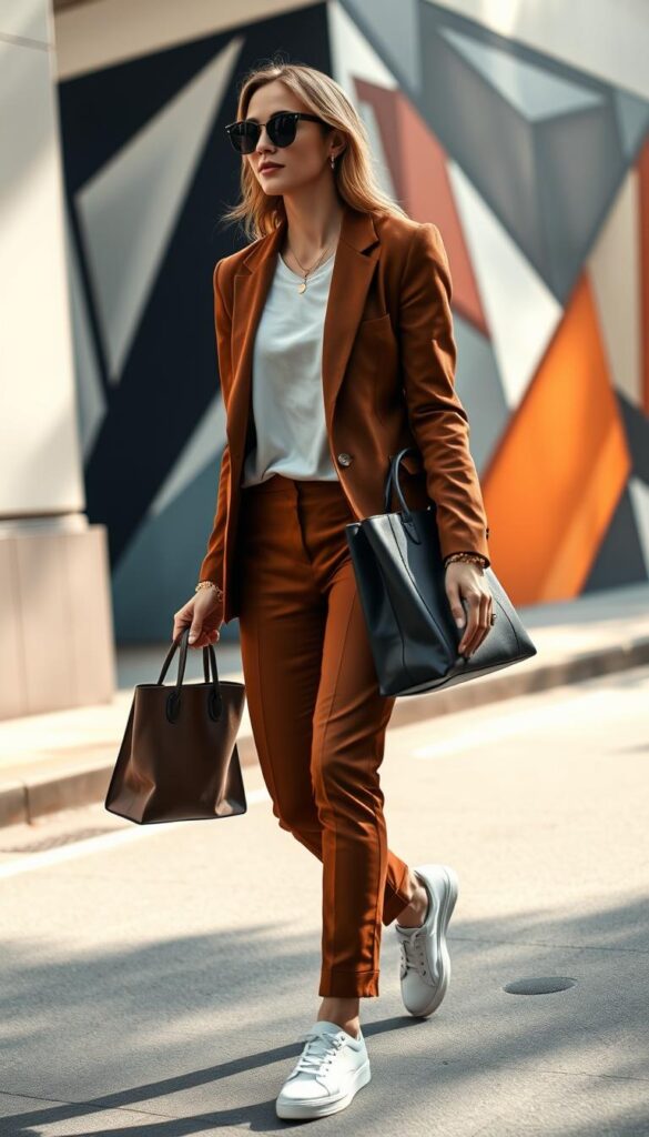 A stylish individual confidently strides through a sun-dappled city street, effortlessly blending elevated everyday staples for maximum impact. In the foreground, a meticulously tailored blazer in a rich, earthy tone pairs seamlessly with slim-fit trousers and pristine white sneakers, elevating a casual silhouette. The middle ground showcases a sleek leather tote and minimalist gold jewelry, adding subtle sophistication. In the background, a striking mural of abstract geometry provides a visually striking backdrop, complementing the outfit's clean lines and balanced aesthetic. Soft, diffused lighting casts a warm, inviting glow, capturing the essence of effortless, high-impact street style. A stylish individual confidently strides through a sun-dappled city street, effortlessly blending elevated everyday staples for maximum impact. In the foreground, a meticulously tailored blazer in a rich, earthy tone pairs seamlessly with slim-fit trousers and pristine white sneakers, elevating a casual silhouette. The middle ground showcases a sleek leather tote and minimalist gold jewelry, adding subtle sophistication. In the background, a striking mural of abstract geometry provides a visually striking backdrop, complementing the outfit's clean lines and balanced aesthetic. Soft, diffused lighting casts a warm, inviting glow, capturing the essence of effortless, high-impact street style.