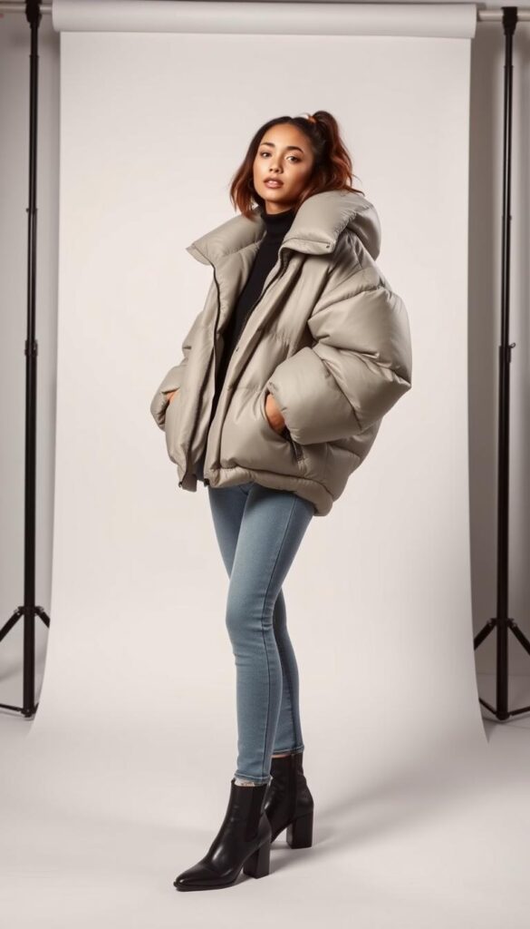 A stylish individual standing in a well-lit studio, modeling an oversized puffer jacket in a trendy, contemporary fashion. The jacket features a voluminous, puffy silhouette in a muted, neutral color palette, complemented by sleek, minimalist styling. The model strikes a confident, slightly angled pose, showcasing the jacket's oversized appeal and how it can be effortlessly incorporated into a chic, modern outfit. Soft, diffused lighting from multiple angles creates depth and dimension, highlighting the jacket's distinctive shape and texture. The background is a simple, clean set, allowing the focus to remain on the model and the statement puffer jacket. A stylish individual standing in a well-lit studio, modeling an oversized puffer jacket in a trendy, contemporary fashion. The jacket features a voluminous, puffy silhouette in a muted, neutral color palette, complemented by sleek, minimalist styling. The model strikes a confident, slightly angled pose, showcasing the jacket's oversized appeal and how it can be effortlessly incorporated into a chic, modern outfit. Soft, diffused lighting from multiple angles creates depth and dimension, highlighting the jacket's distinctive shape and texture. The background is a simple, clean set, allowing the focus to remain on the model and the statement puffer jacket.