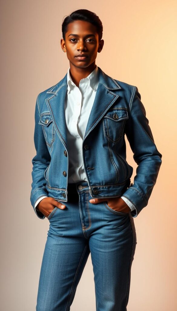 A stylish individual stands confidently in a meticulously coordinated Canadian tuxedo. The denim jacket, perfectly tailored, is paired with a complementary set of high-waisted, slim-fit jeans. The outfit is accentuated by a crisp, white button-down shirt tucked neatly into the jeans, creating a harmonious denim-on-denim ensemble. Soft, diffused lighting casts a warm glow, highlighting the textures and subtle washes of the denim. The subject's pose is relaxed yet deliberate, conveying a sense of bold, fashion-forward flair. The background is minimalist, allowing the focus to remain solely on the striking, statement-making jeans outfit. A stylish individual stands confidently in a meticulously coordinated Canadian tuxedo. The denim jacket, perfectly tailored, is paired with a complementary set of high-waisted, slim-fit jeans. The outfit is accentuated by a crisp, white button-down shirt tucked neatly into the jeans, creating a harmonious denim-on-denim ensemble. Soft, diffused lighting casts a warm glow, highlighting the textures and subtle washes of the denim. The subject's pose is relaxed yet deliberate, conveying a sense of bold, fashion-forward flair. The background is minimalist, allowing the focus to remain solely on the striking, statement-making jeans outfit.