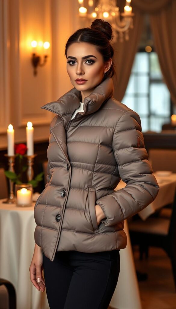 A stylish individual wearing a fashionable puffer jacket, styled for a romantic date night. The figure stands in the foreground, the jacket's clean lines and tailored silhouette accentuating their form. The puffer's muted, sophisticated color palette complements the subtle makeup and carefully styled hair. In the middle ground, a candlelit table setting with a single rose sets the intimate mood, while the background suggests an elegant indoor space, perhaps a cozy restaurant or apartment. Soft, warm lighting casts a romantic glow, highlighting the puffer's luxurious texture and the subject's confident, alluring pose. The overall scene exudes an air of refinement and effortless style, perfect for an evening of romance and connection. A stylish individual wearing a fashionable puffer jacket, styled for a romantic date night. The figure stands in the foreground, the jacket's clean lines and tailored silhouette accentuating their form. The puffer's muted, sophisticated color palette complements the subtle makeup and carefully styled hair. In the middle ground, a candlelit table setting with a single rose sets the intimate mood, while the background suggests an elegant indoor space, perhaps a cozy restaurant or apartment. Soft, warm lighting casts a romantic glow, highlighting the puffer's luxurious texture and the subject's confident, alluring pose. The overall scene exudes an air of refinement and effortless style, perfect for an evening of romance and connection.