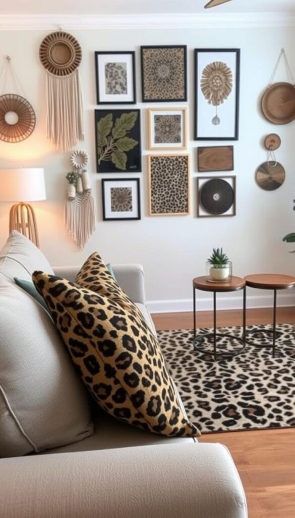 A stylish leopard print-themed interior featuring a variety of DIY home decor projects. In the foreground, a large throw pillow with a bold leopard pattern sits on a plush, neutral-colored sofa. In the middle ground, a geometric leopard print area rug covers the hardwood floor, complemented by a pair of sleek, metal side tables with leopard print accents. The background showcases a gallery wall with a mix of framed leopard print artwork, macrame wall hangings, and wood-burned coasters. The lighting is soft and warm, creating a cozy and inviting atmosphere. The overall composition blends modern and nature-inspired elements, showcasing how leopard print can be seamlessly integrated into a chic, stylish home. A stylish leopard print-themed interior featuring a variety of DIY home decor projects. In the foreground, a large throw pillow with a bold leopard pattern sits on a plush, neutral-colored sofa. In the middle ground, a geometric leopard print area rug covers the hardwood floor, complemented by a pair of sleek, metal side tables with leopard print accents. The background showcases a gallery wall with a mix of framed leopard print artwork, macrame wall hangings, and wood-burned coasters. The lighting is soft and warm, creating a cozy and inviting atmosphere. The overall composition blends modern and nature-inspired elements, showcasing how leopard print can be seamlessly integrated into a chic, stylish home.