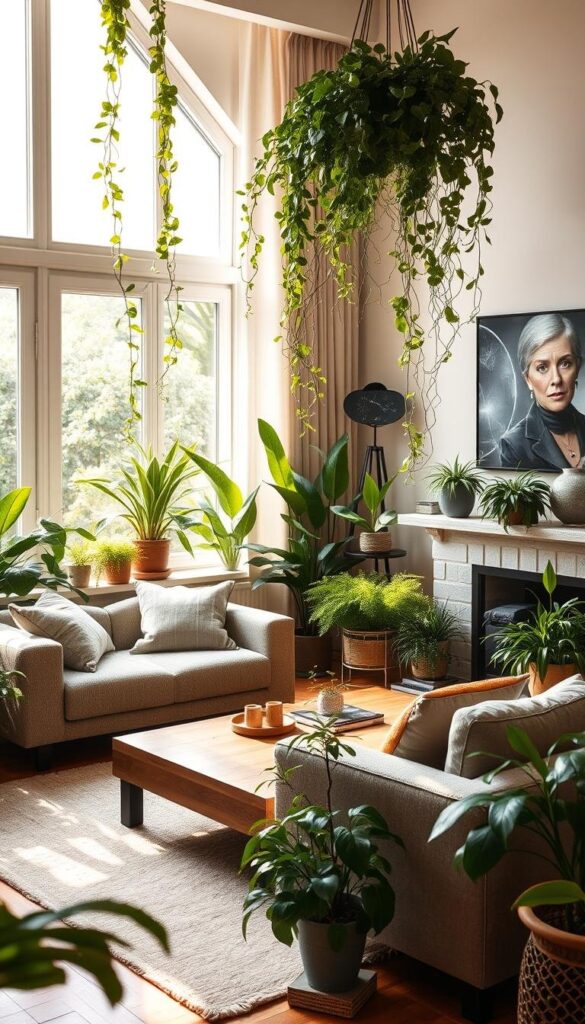 A stylish living room filled with lush, verdant plants, creating a serene and inviting atmosphere. Soft, natural lighting filters through large windows, casting a warm glow on the room's neutral palette of beige, gray, and wood tones. Plush, textured furnishings like a plush sofa and armchair provide comfortable seating, while a low, wooden coffee table grounds the space. Trailing vines and potted plants of various sizes and shapes are thoughtfully arranged, adding pops of vibrant green that breathe life into the room. The overall effect is one of tranquility and harmony, where the outdoors has been seamlessly brought indoors for a cozy, nature-inspired retreat. A stylish living room filled with lush, verdant plants, creating a serene and inviting atmosphere. Soft, natural lighting filters through large windows, casting a warm glow on the room's neutral palette of beige, gray, and wood tones. Plush, textured furnishings like a plush sofa and armchair provide comfortable seating, while a low, wooden coffee table grounds the space. Trailing vines and potted plants of various sizes and shapes are thoughtfully arranged, adding pops of vibrant green that breathe life into the room. The overall effect is one of tranquility and harmony, where the outdoors has been seamlessly brought indoors for a cozy, nature-inspired retreat.