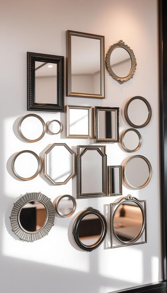A stylish mirror wall display with an elegant, minimalist design. A variety of framed mirrors in different shapes and sizes are artfully arranged on a clean, white wall, creating a visually captivating focal point. The mirrors reflect light, adding depth and dimension to the space. Soft, directional lighting casts subtle shadows, accentuating the textural and dimensional qualities of the mirrors. The overall aesthetic is sophisticated, modern, and inviting, perfectly complementing the refined interior design. A stylish mirror wall display with an elegant, minimalist design. A variety of framed mirrors in different shapes and sizes are artfully arranged on a clean, white wall, creating a visually captivating focal point. The mirrors reflect light, adding depth and dimension to the space. Soft, directional lighting casts subtle shadows, accentuating the textural and dimensional qualities of the mirrors. The overall aesthetic is sophisticated, modern, and inviting, perfectly complementing the refined interior design.