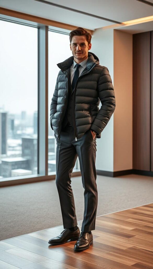 A stylish professional winter outfit featuring a sleek, high-quality puffer jacket. A well-dressed person standing in a modern office setting, with a large window overlooking a snowy cityscape in the background. Soft, even lighting illuminates the scene, creating a warm and inviting atmosphere. The puffer jacket is a classic, neutral color, complemented by a well-tailored suit, crisp shirt, and polished leather shoes. The outfit conveys a sense of sophistication and practicality, suitable for a business or formal winter setting. A stylish professional winter outfit featuring a sleek, high-quality puffer jacket. A well-dressed person standing in a modern office setting, with a large window overlooking a snowy cityscape in the background. Soft, even lighting illuminates the scene, creating a warm and inviting atmosphere. The puffer jacket is a classic, neutral color, complemented by a well-tailored suit, crisp shirt, and polished leather shoes. The outfit conveys a sense of sophistication and practicality, suitable for a business or formal winter setting.