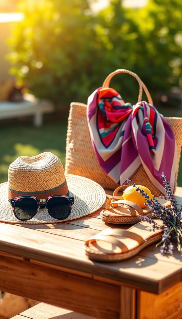 A stylish summer still life on a wooden table, bathed in warm afternoon sunlight. In the foreground, a straw hat, oversized sunglasses, and a colorful silk scarf are arranged artfully. In the middle ground, a woven tote bag and a pair of espadrille sandals sit next to a freshly cut lemon and a sprig of fragrant lavender. The background is blurred, creating a soft, dreamy atmosphere that evokes the carefree spirit of the season. The lighting is natural and diffused, casting gentle shadows that add depth and dimension to the scene. The overall composition is balanced, drawing the eye to the carefully curated selection of summer accessories that elevate a simple outfit. A stylish summer still life on a wooden table, bathed in warm afternoon sunlight. In the foreground, a straw hat, oversized sunglasses, and a colorful silk scarf are arranged artfully. In the middle ground, a woven tote bag and a pair of espadrille sandals sit next to a freshly cut lemon and a sprig of fragrant lavender. The background is blurred, creating a soft, dreamy atmosphere that evokes the carefree spirit of the season. The lighting is natural and diffused, casting gentle shadows that add depth and dimension to the scene. The overall composition is balanced, drawing the eye to the carefully curated selection of summer accessories that elevate a simple outfit.
