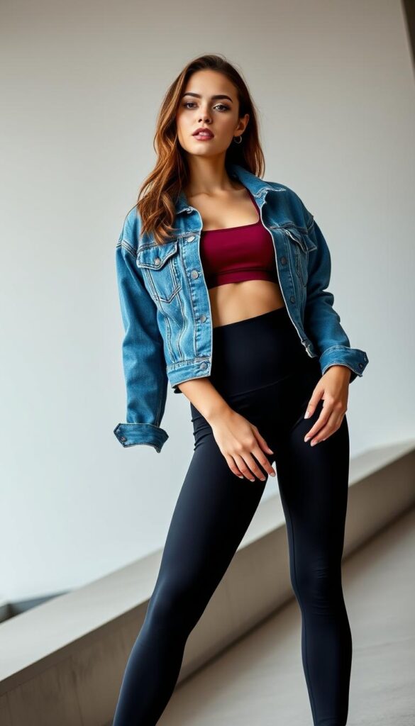 A stylish, versatile athleisure outfit that seamlessly transitions from the gym to the street. A sleek black high-waisted legging with a flattering silhouette, paired with a cropped, trendy top in a rich burgundy hue. The outfit is accessorized with a denim jacket, lending a casual-chic vibe. The model is positioned in a modern, minimalist setting, with soft, diffused lighting and a clean, urban backdrop, emphasizing the effortless versatility of the look. The overall aesthetic conveys a sense of confidence, comfort, and effortless style - a perfect illustration of how athleisure has revolutionized contemporary fashion. A stylish, versatile athleisure outfit that seamlessly transitions from the gym to the street. A sleek black high-waisted legging with a flattering silhouette, paired with a cropped, trendy top in a rich burgundy hue. The outfit is accessorized with a denim jacket, lending a casual-chic vibe. The model is positioned in a modern, minimalist setting, with soft, diffused lighting and a clean, urban backdrop, emphasizing the effortless versatility of the look. The overall aesthetic conveys a sense of confidence, comfort, and effortless style - a perfect illustration of how athleisure has revolutionized contemporary fashion.