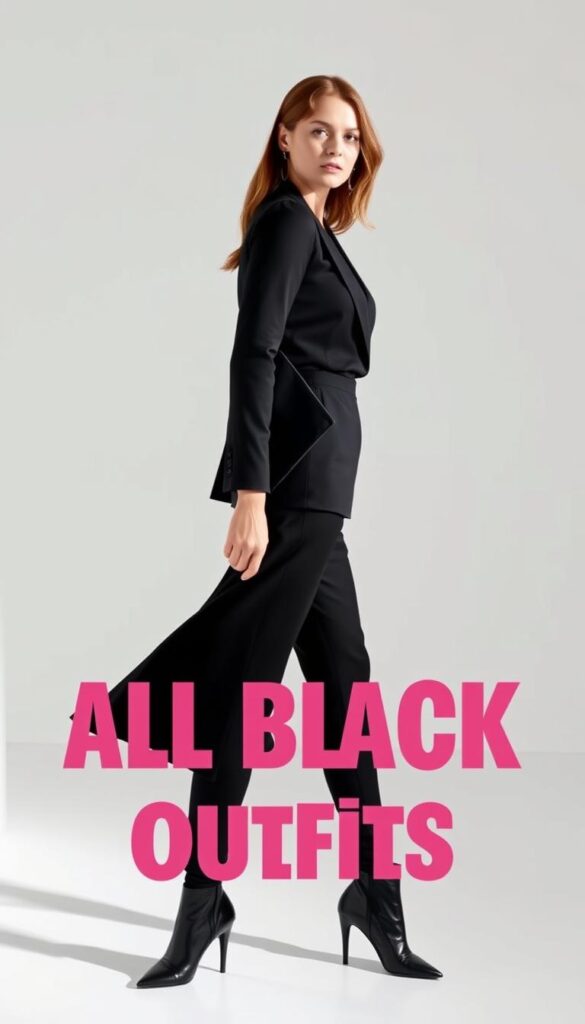 A stylish woman standing in a minimalist studio, wearing a well-tailored all-black outfit. The lighting is soft and flattering, casting gentle shadows that accentuate the silhouette. The background is a plain white wall, allowing the focus to remain on the outfit and the model's elegant pose. The woman's expression is one of confident poise, as she demonstrates how to effortlessly pull off an all-black ensemble. The image captures the essence of "Mastering the Art of All Black Outfits", showcasing the timeless sophistication and versatility of this classic fashion choice. A stylish woman standing in a minimalist studio, wearing a well-tailored all-black outfit. The lighting is soft and flattering, casting gentle shadows that accentuate the silhouette. The background is a plain white wall, allowing the focus to remain on the outfit and the model's elegant pose. The woman's expression is one of confident poise, as she demonstrates how to effortlessly pull off an all-black ensemble. The image captures the essence of "Mastering the Art of All Black Outfits", showcasing the timeless sophistication and versatility of this classic fashion choice.