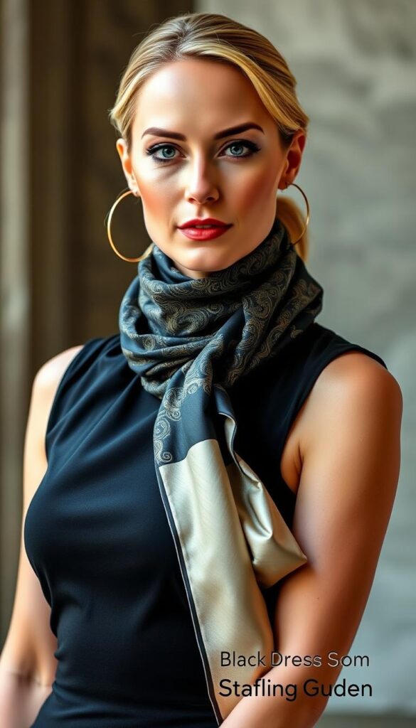 A stylish woman stands confidently in a sleek black dress, her gaze direct and captivating. Her neck is adorned with a luxurious silk scarf, its intricate pattern adding a touch of elegance and sophistication. The scarf is draped artfully, cascading over her shoulders and creating a visually striking contrast against the simple, yet powerful, black dress. The lighting is soft and flattering, accentuating the model's features and the luxurious textures of the garments. The background is slightly blurred, keeping the focus on the woman and her stylish ensemble. This image exudes an aura of confidence, sophistication, and timeless elegance, perfectly capturing the essence of "Scarves and Wraps: The Versatile Transformers" within the context of the "Black Dress, Big Energy: 12 Ways to Style It Like a Queen 🖤" article. A stylish woman stands confidently in a sleek black dress, her gaze direct and captivating. Her neck is adorned with a luxurious silk scarf, its intricate pattern adding a touch of elegance and sophistication. The scarf is draped artfully, cascading over her shoulders and creating a visually striking contrast against the simple, yet powerful, black dress. The lighting is soft and flattering, accentuating the model's features and the luxurious textures of the garments. The background is slightly blurred, keeping the focus on the woman and her stylish ensemble. This image exudes an aura of confidence, sophistication, and timeless elegance, perfectly capturing the essence of "Scarves and Wraps: The Versatile Transformers" within the context of the "Black Dress, Big Energy: 12 Ways to Style It Like a Queen 🖤" article.