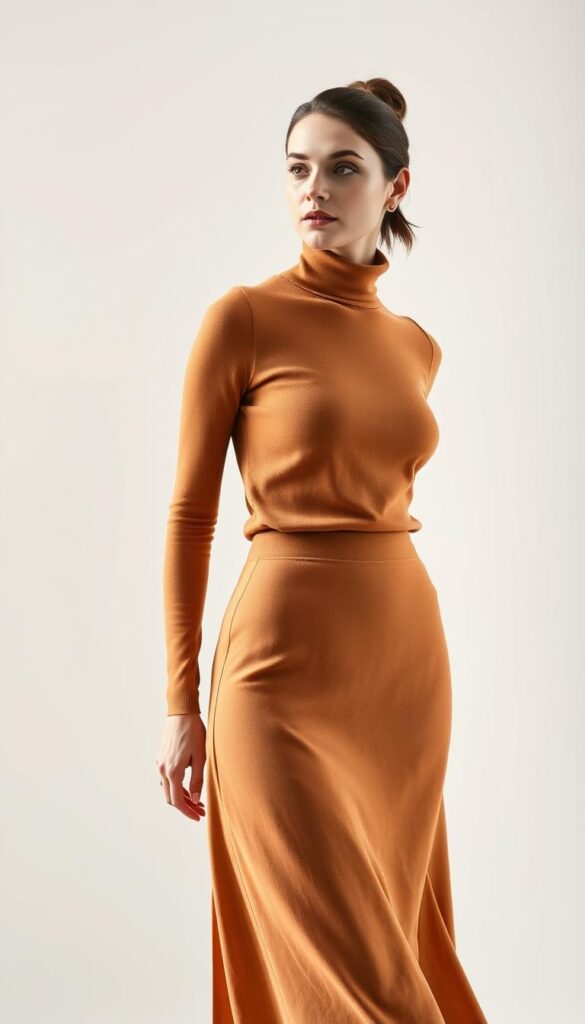 A stylish woman stands confidently in a well-lit studio, wearing a sleek, high-necked turtleneck sweater in a warm, earthy tone. The sweater is tucked neatly into a flowing, midi-length skirt that gently hugs her curves, the fabric swaying with subtle movement. The skirt is a classic, sophisticated hue, complementing the turtleneck seamlessly. The woman's posture is poised, her gaze directed slightly off-camera, conveying an air of effortless sophistication. The lighting is soft and flattering, highlighting the textures of the fabrics and the woman's natural features. The overall impression is one of timeless elegance and understated luxury, capturing the essence of a chic, versatile outfit. A stylish woman stands confidently in a well-lit studio, wearing a sleek, high-necked turtleneck sweater in a warm, earthy tone. The sweater is tucked neatly into a flowing, midi-length skirt that gently hugs her curves, the fabric swaying with subtle movement. The skirt is a classic, sophisticated hue, complementing the turtleneck seamlessly. The woman's posture is poised, her gaze directed slightly off-camera, conveying an air of effortless sophistication. The lighting is soft and flattering, highlighting the textures of the fabrics and the woman's natural features. The overall impression is one of timeless elegance and understated luxury, capturing the essence of a chic, versatile outfit.