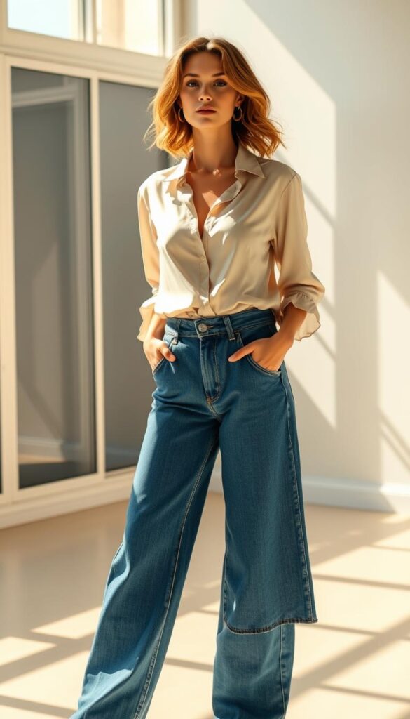 A stylish woman stands in a sunlit room, wearing an elevated denim outfit comprised of high-waisted, wide-leg jeans and a tucked-in, flowing silk blouse in a soft, neutral color. The blouse has delicate details like a V-neckline and subtle ruffles along the cuffs and hem. The woman's posture is relaxed yet poised, and her hair is styled in effortless, tousled waves. The lighting is natural, with warm, directional sunlight filtering in through large windows, casting gentle shadows and highlights that accentuate the textures of the fabrics. The background is minimalist and clean, allowing the focus to remain on the refined, chic ensemble. A stylish woman stands in a sunlit room, wearing an elevated denim outfit comprised of high-waisted, wide-leg jeans and a tucked-in, flowing silk blouse in a soft, neutral color. The blouse has delicate details like a V-neckline and subtle ruffles along the cuffs and hem. The woman's posture is relaxed yet poised, and her hair is styled in effortless, tousled waves. The lighting is natural, with warm, directional sunlight filtering in through large windows, casting gentle shadows and highlights that accentuate the textures of the fabrics. The background is minimalist and clean, allowing the focus to remain on the refined, chic ensemble.