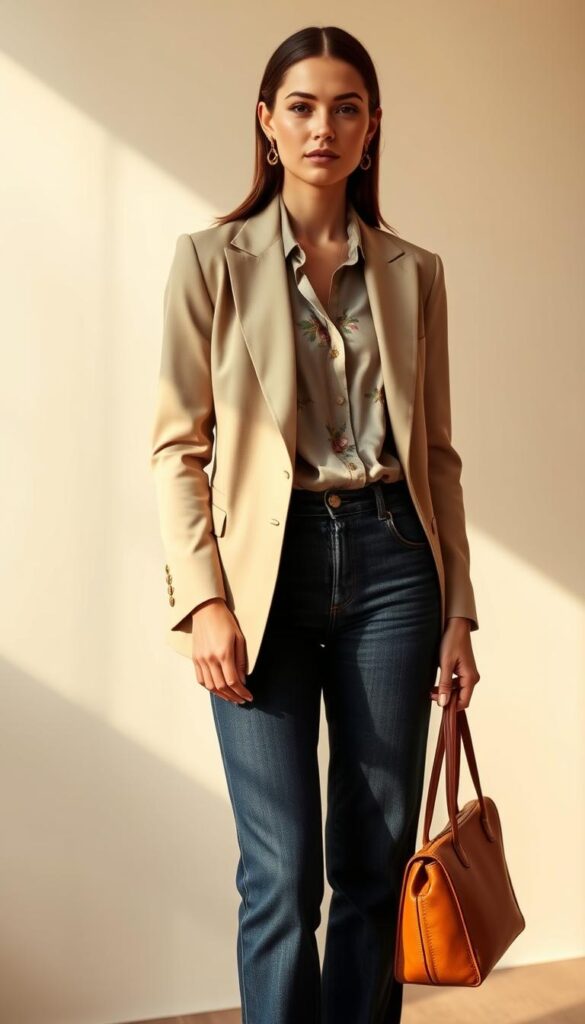A stylish woman stands tall in an elevated denim ensemble. Her high-waisted dark wash jeans are accentuated by a tailored beige blazer, its sharp lines complementing the soft drape of a silk blouse in a muted floral print. Delicate gold jewelry and a structured leather handbag complete the look, exuding an air of refined sophistication. Warm, diffused lighting casts a flattering glow, highlighting the effortless elegance of this dressy denim outfit. The scene is captured from a slightly elevated angle, emphasizing the model's confident, poised stance against a minimalist background that allows the ensemble to take center stage. A stylish woman stands tall in an elevated denim ensemble. Her high-waisted dark wash jeans are accentuated by a tailored beige blazer, its sharp lines complementing the soft drape of a silk blouse in a muted floral print. Delicate gold jewelry and a structured leather handbag complete the look, exuding an air of refined sophistication. Warm, diffused lighting casts a flattering glow, highlighting the effortless elegance of this dressy denim outfit. The scene is captured from a slightly elevated angle, emphasizing the model's confident, poised stance against a minimalist background that allows the ensemble to take center stage.