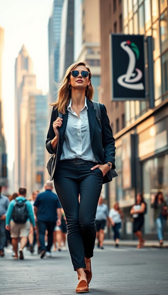 A stylish woman strolling through a bustling city street, wearing a chic urban travel outfit perfect for sightseeing. In the foreground, she sports a tailored blazer, crisp white button-down, and slim-fit cropped trousers, complemented by a pair of comfortable yet stylish loafers. Her accessories include a modern backpack and oversized sunglasses that add a touch of effortless cool. The middle ground features the vibrant cityscape, with towering skyscrapers, iconic landmarks, and a lively pedestrian scene. Soft, natural lighting casts a warm glow, creating an inviting and aspirational atmosphere. The overall scene captures the essence of city break fashion - practical yet fashion-forward, ready to explore the urban landscape in style. A stylish woman strolling through a bustling city street, wearing a chic urban travel outfit perfect for sightseeing. In the foreground, she sports a tailored blazer, crisp white button-down, and slim-fit cropped trousers, complemented by a pair of comfortable yet stylish loafers. Her accessories include a modern backpack and oversized sunglasses that add a touch of effortless cool. The middle ground features the vibrant cityscape, with towering skyscrapers, iconic landmarks, and a lively pedestrian scene. Soft, natural lighting casts a warm glow, creating an inviting and aspirational atmosphere. The overall scene captures the essence of city break fashion - practical yet fashion-forward, ready to explore the urban landscape in style.