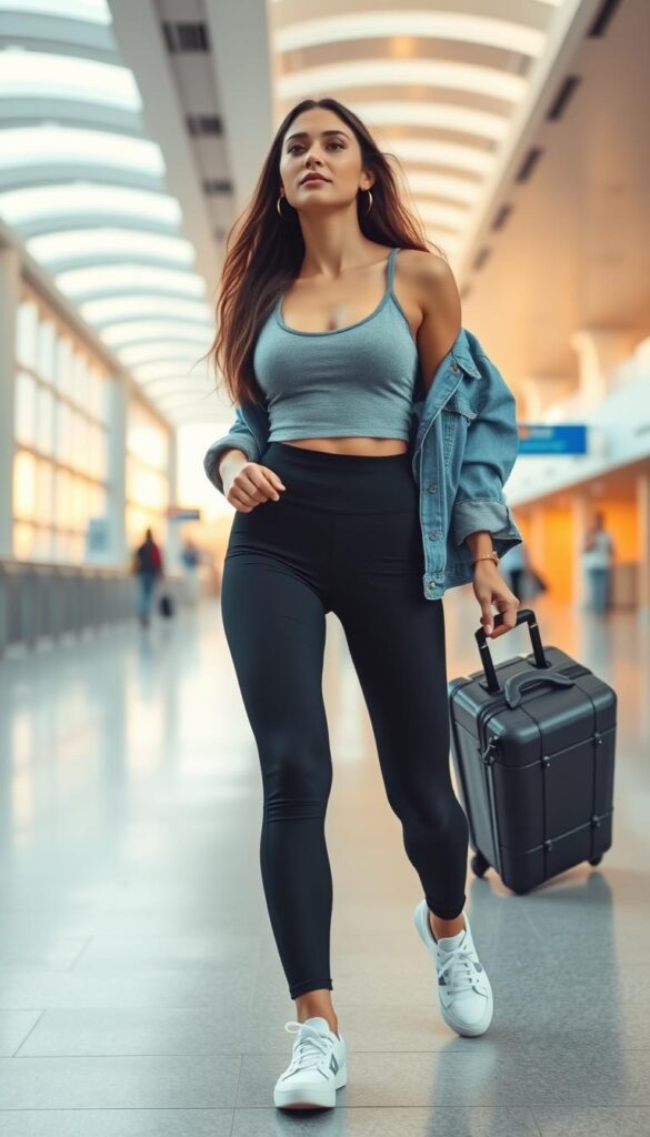 A stylish woman strolling through an airport terminal, dressed in a comfortable yet chic athleisure outfit. In the foreground, she wears a fitted, high-waisted black legging paired with a soft, heather-gray cropped tank top. Her outfit is accented by a lightweight, oversized denim jacket with rolled sleeves. In the middle ground, her feet are adorned with clean, minimalist white sneakers, perfect for navigating the airport with ease. The background features a modern, well-lit terminal with floor-to-ceiling windows, casting a warm, natural glow on the scene. The overall mood is one of effortless style and relaxed confidence, capturing the essence of travel-ready comfort and sophistication. A stylish woman strolling through an airport terminal, dressed in a comfortable yet chic athleisure outfit. In the foreground, she wears a fitted, high-waisted black legging paired with a soft, heather-gray cropped tank top. Her outfit is accented by a lightweight, oversized denim jacket with rolled sleeves. In the middle ground, her feet are adorned with clean, minimalist white sneakers, perfect for navigating the airport with ease. The background features a modern, well-lit terminal with floor-to-ceiling windows, casting a warm, natural glow on the scene. The overall mood is one of effortless style and relaxed confidence, capturing the essence of travel-ready comfort and sophistication.